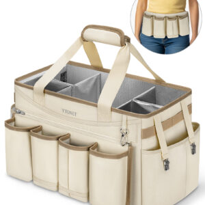 Ytonet Cleaning Caddy Bag with Detachable Apron, Extra Large Cleaning Supplies Organizer with Foldable Dividers, Portable Cleaner Tote with Handle, Cleaner Caddy for Kitchen, Detailing Bag, Apricot