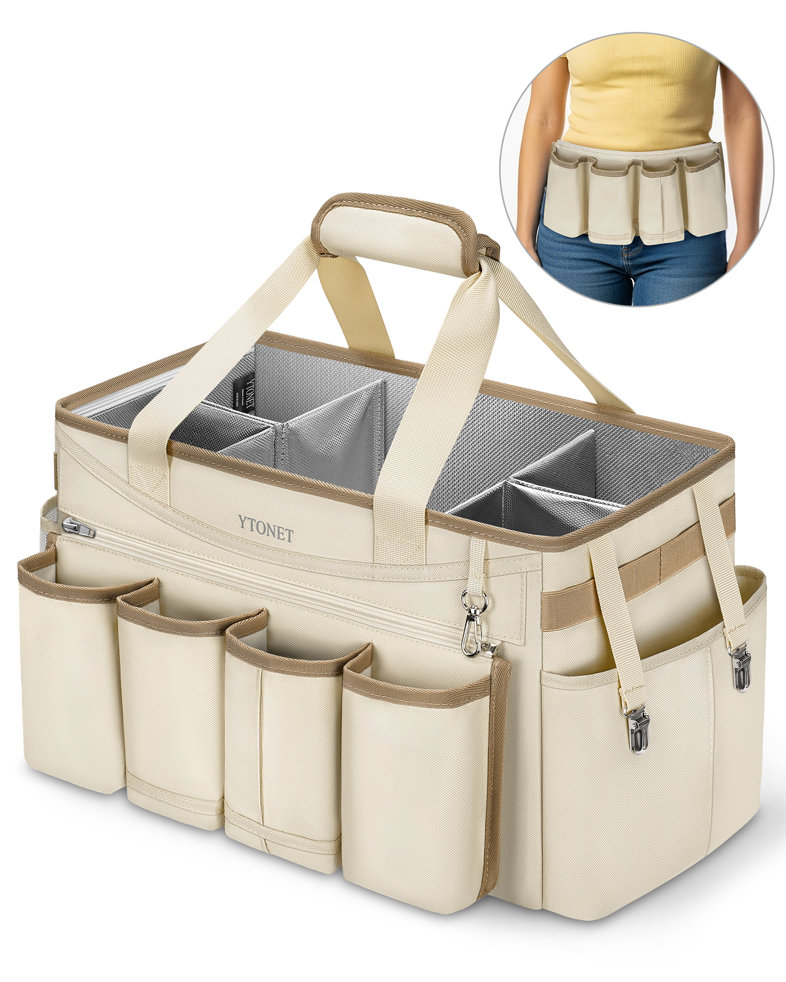 Ytonet Cleaning Caddy Bag with Detachable Apron, Extra Large Cleaning Supplies Organizer with Foldable Dividers, Portable Cleaner Tote with Handle, Cleaner Caddy for Kitchen, Detailing Bag, Apricot
