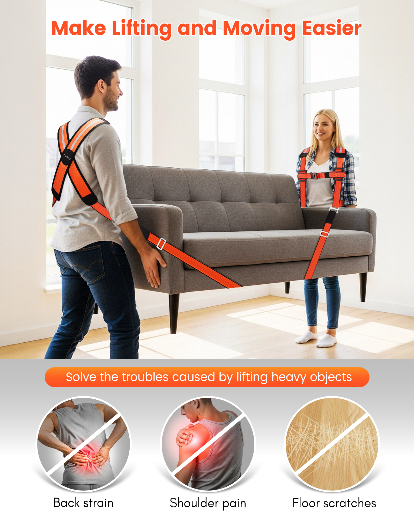 Ytonet Moving Straps, 2-Person Lifting and Moving System, X-Shaped Back Padded Movings Straps for Lifting Appliance, Furniture Strap Move Heavy Objects Up to 800lbs for Mattresses, Refrigerator, Sofa - Image 2