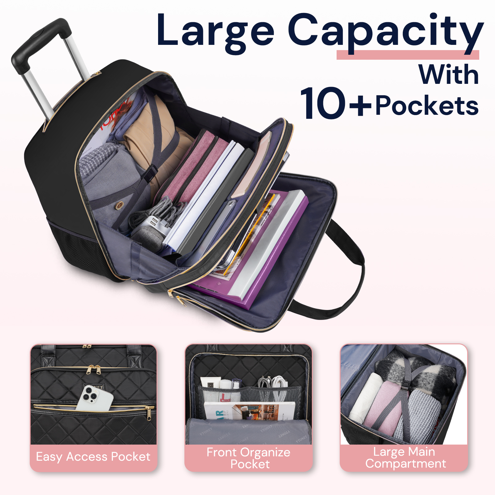 Ytonet Rolling Briefcase for Women, 17.3 Inch Rolling Laptop Bag with 15.6 Inch Travel Backpack, Large Roller Laptop Briefcase with Wheels, Water Resistant Roller Teacher Bag for work 2pcs Set, Black - Image 3