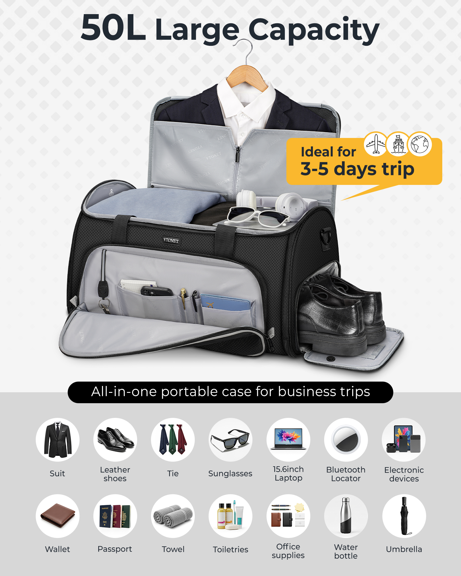 Ytonet Convertible Garment Bags for Travel, 50L Carry on Garment Duffle Bag for Men Women, 3 in 1 Suit Travel Bag Hanging Clothes for Business with Shoe Pocket, Waterproof Pocket, Black - Image 3