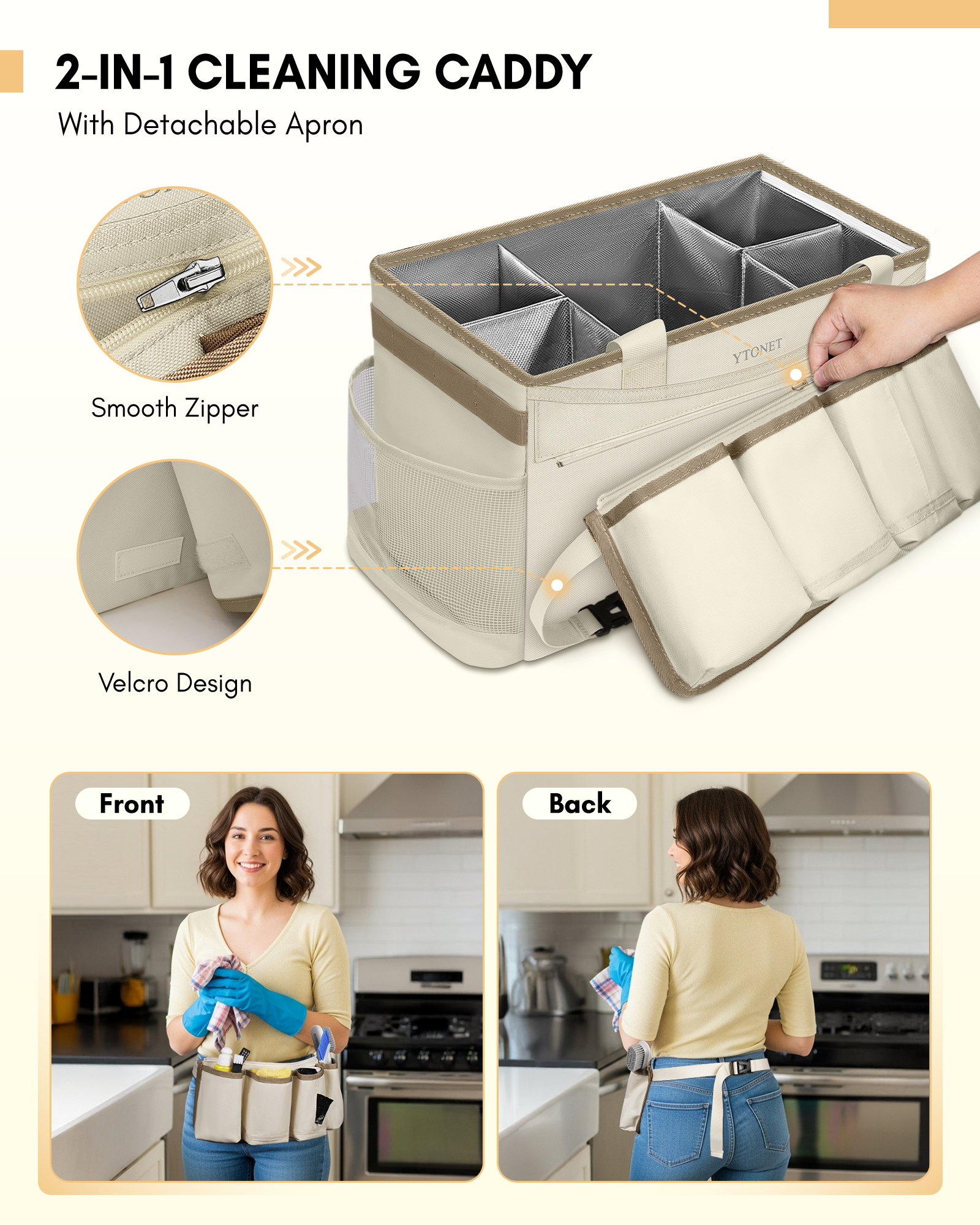 Ytonet Cleaning Caddy Bag with Detachable Apron, Extra Large Cleaning Supplies Organizer with Foldable Dividers, Portable Cleaner Tote with Handle, Cleaner Caddy for Kitchen, Detailing Bag, Apricot - Image 4