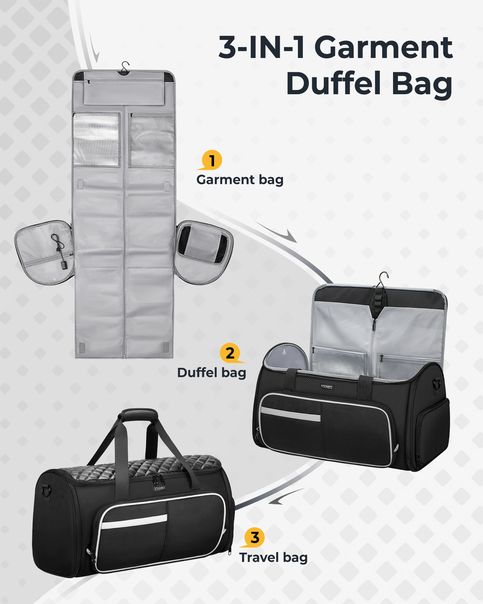 Ytonet Convertible Garment Bags for Travel, 50L Carry on Garment Duffle Bag for Men Women, 3 in 1 Suit Travel Bag Hanging Clothes for Business with Shoe Pocket, Waterproof Pocket, Black - Image 4