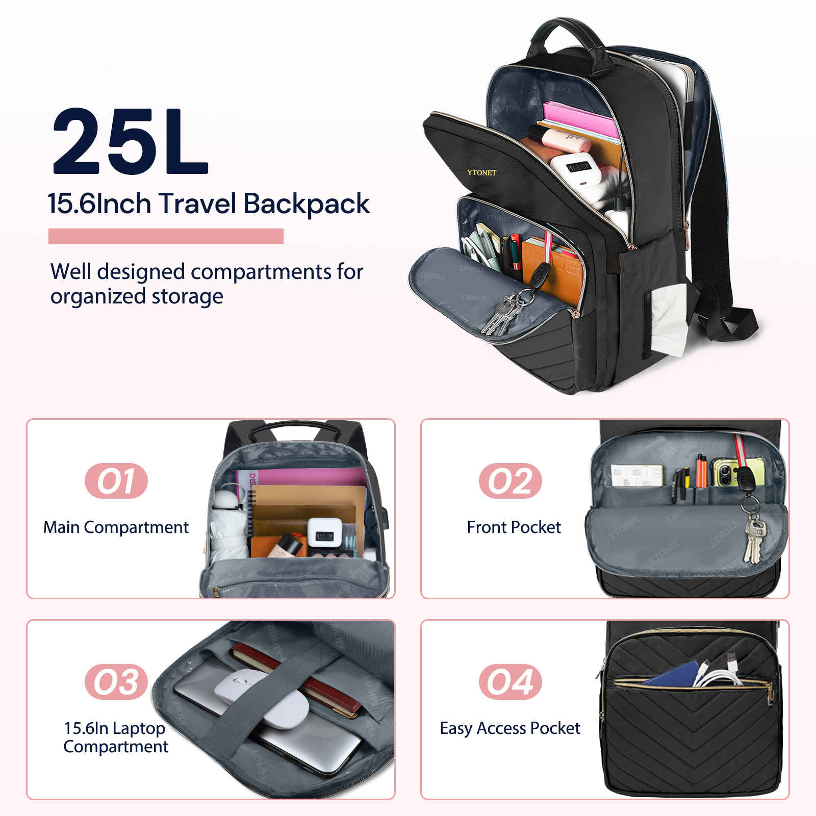 Ytonet Rolling Briefcase for Women, 17.3 Inch Rolling Laptop Bag with 15.6 Inch Travel Backpack, Large Roller Laptop Briefcase with Wheels, Water Resistant Roller Teacher Bag for work 2pcs Set, Black - Image 6