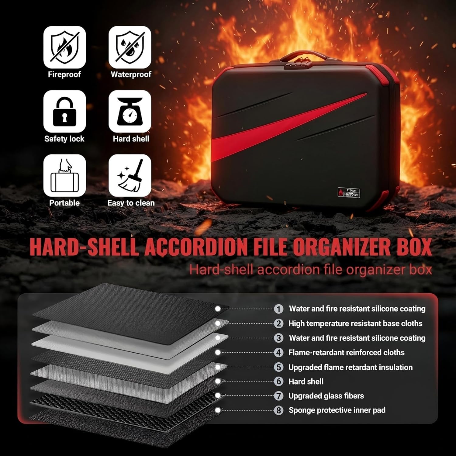 Ytonet Fireproof Document Box with Lock, Hard Case Fire Proof File Box for Documents with 13 Pocket Accordion File Folder - Image 3