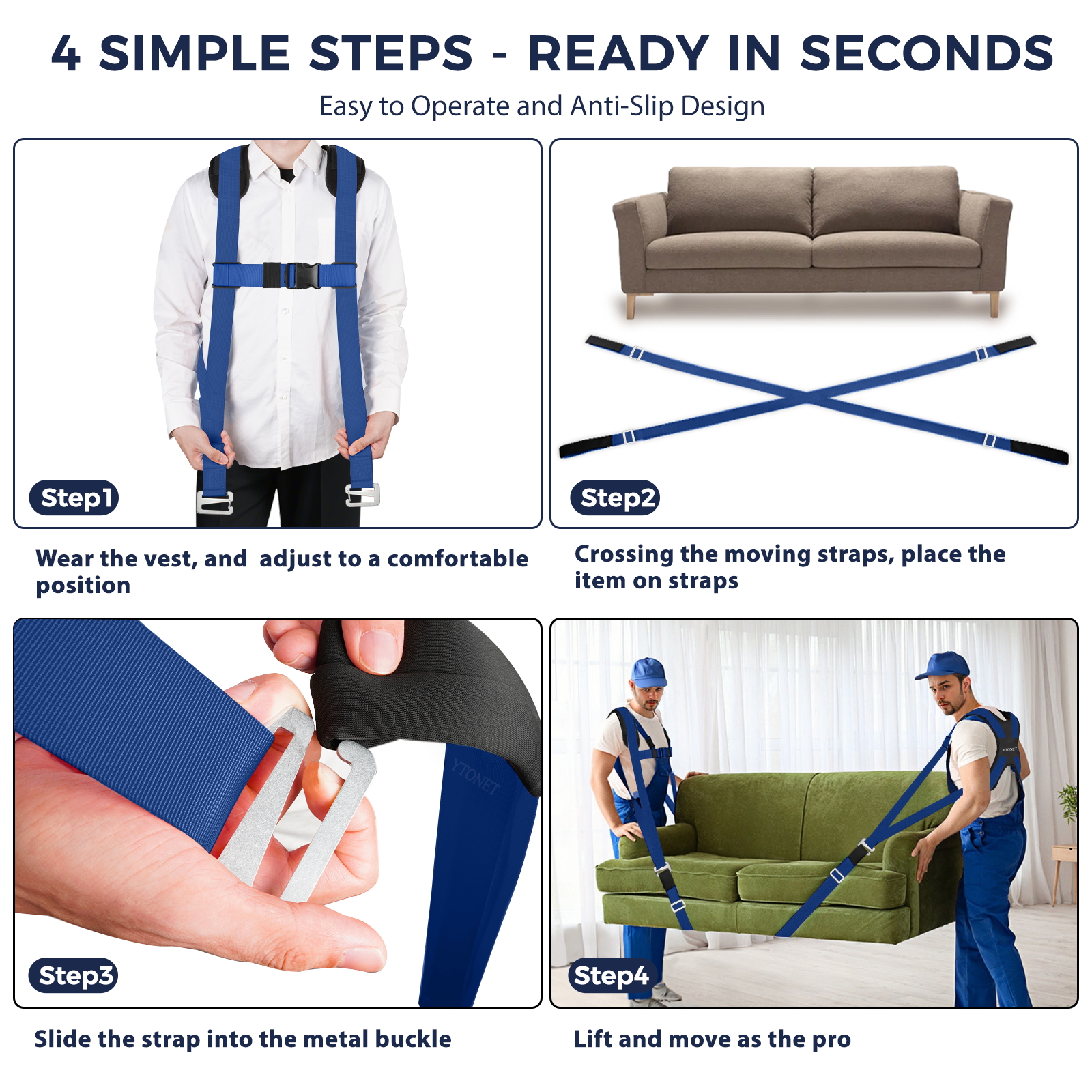 Ytonet Moving Straps, 2-Person Lifting and Moving System with Padded Back Supprot, Lifting Straps for Move Furniture, Appliances, Heavy Objects up to 800 lbs, 130 Inch Long, Wire Rope Slings, Blue - Image 4