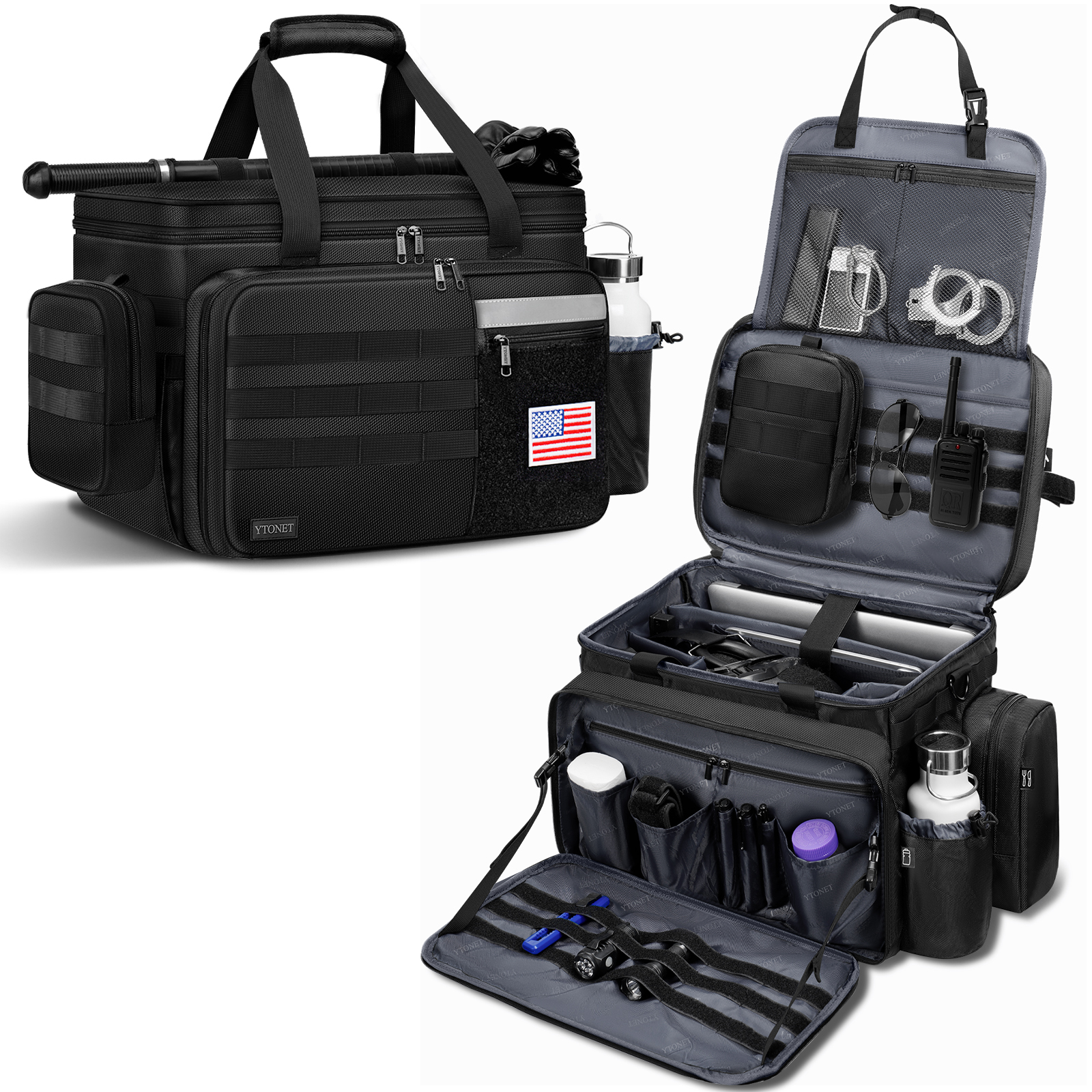 Patrol Bag Law Enforcement, Extra Large Police Gear Bag for Car Front Seat Organizer with a MOLLE Pouch & 15.6In Laptop Layer, Multiple Compartments Police Duty Bags Fit Passenger Seat, Pure Black