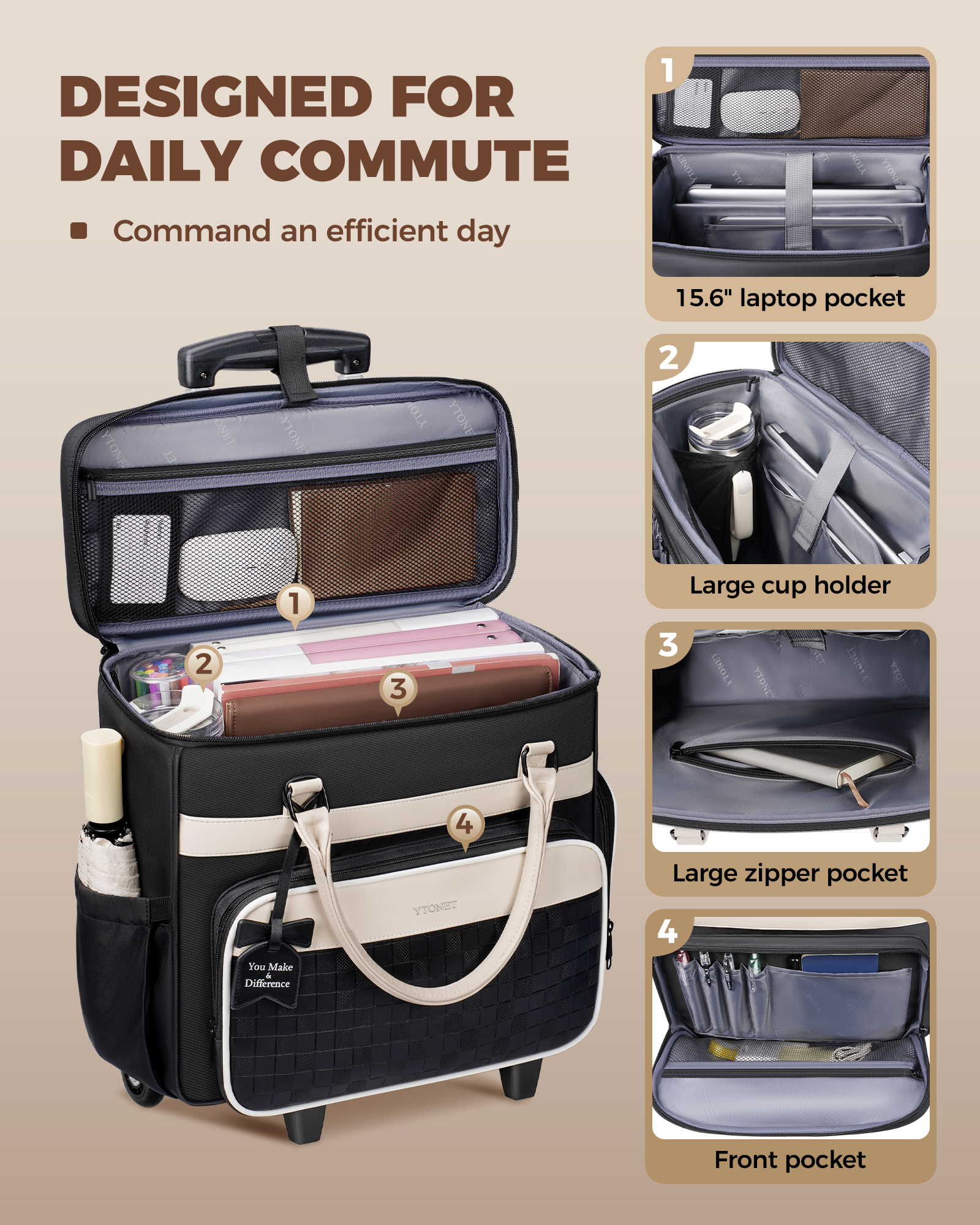 Ytonet Rolling Laptop Bag with Insulated Lunch Box, 15.6 In Rolling Briefcase for Women with Large Cup Holder, Detachable Trolley Roller Underseat Bags for Work, Office, Teacher, Travel, Black Beige - Image 3