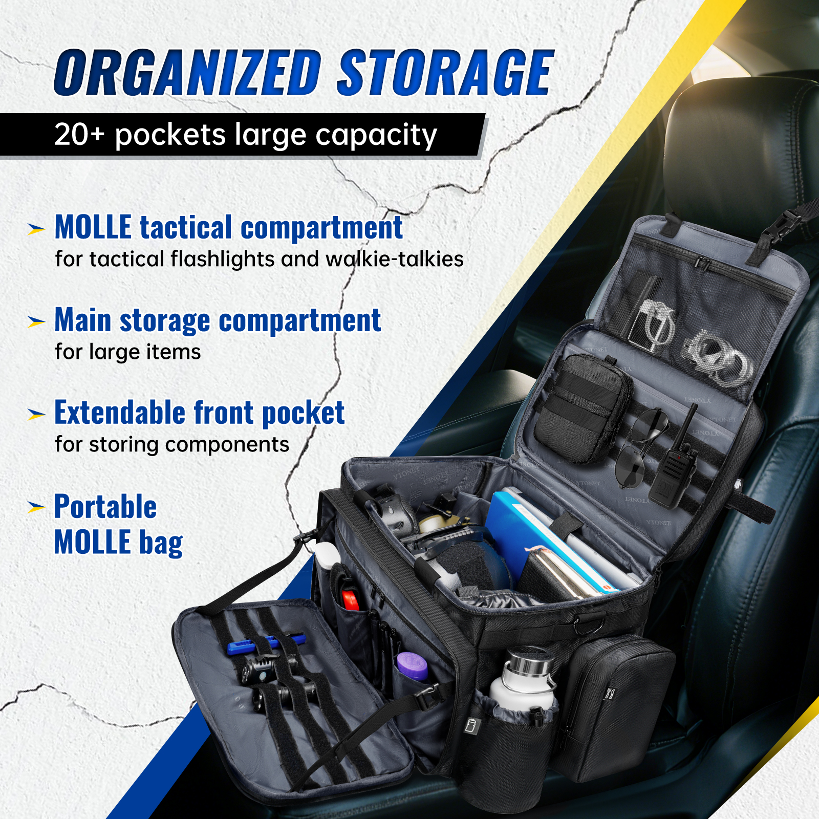 Patrol Bag Law Enforcement, Extra Large Police Gear Bag for Car Front Seat Organizer with a MOLLE Pouch & 15.6In Laptop Layer, Multiple Compartments Police Duty Bags Fit Passenger Seat, Pure Black - Image 3