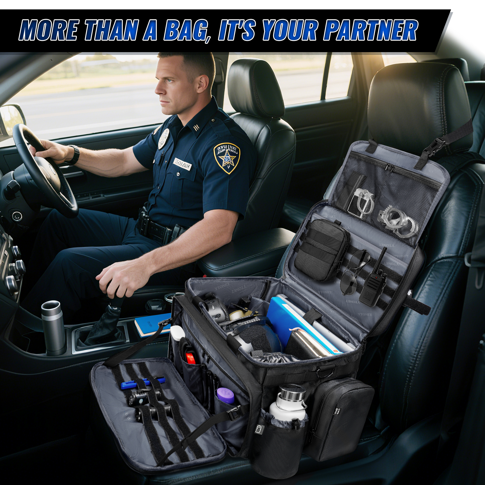 Patrol Bag Law Enforcement, Extra Large Police Gear Bag for Car Front Seat Organizer with a MOLLE Pouch & 15.6In Laptop Layer, Multiple Compartments Police Duty Bags Fit Passenger Seat, Pure Black - Image 7