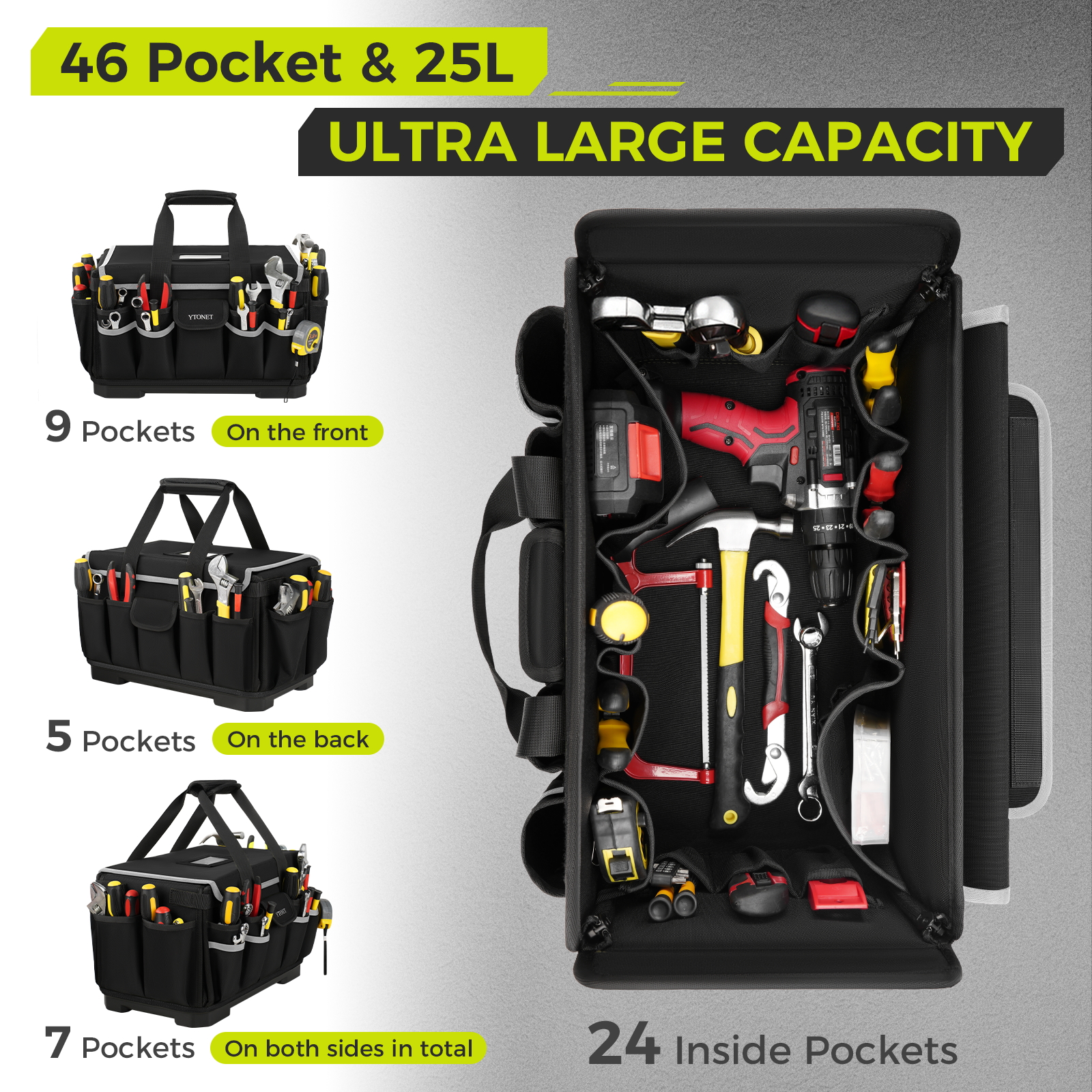 Heavy Duty Tool Bag 16-Inch, 46 Pockets Electrician Tool Bag for men with Hard Bottom & Waterproof Pocket, 1680D Tear-Proof Toolbox Organizer for HVAC Mechanic, Father Day Dad Gift Black - Image 7