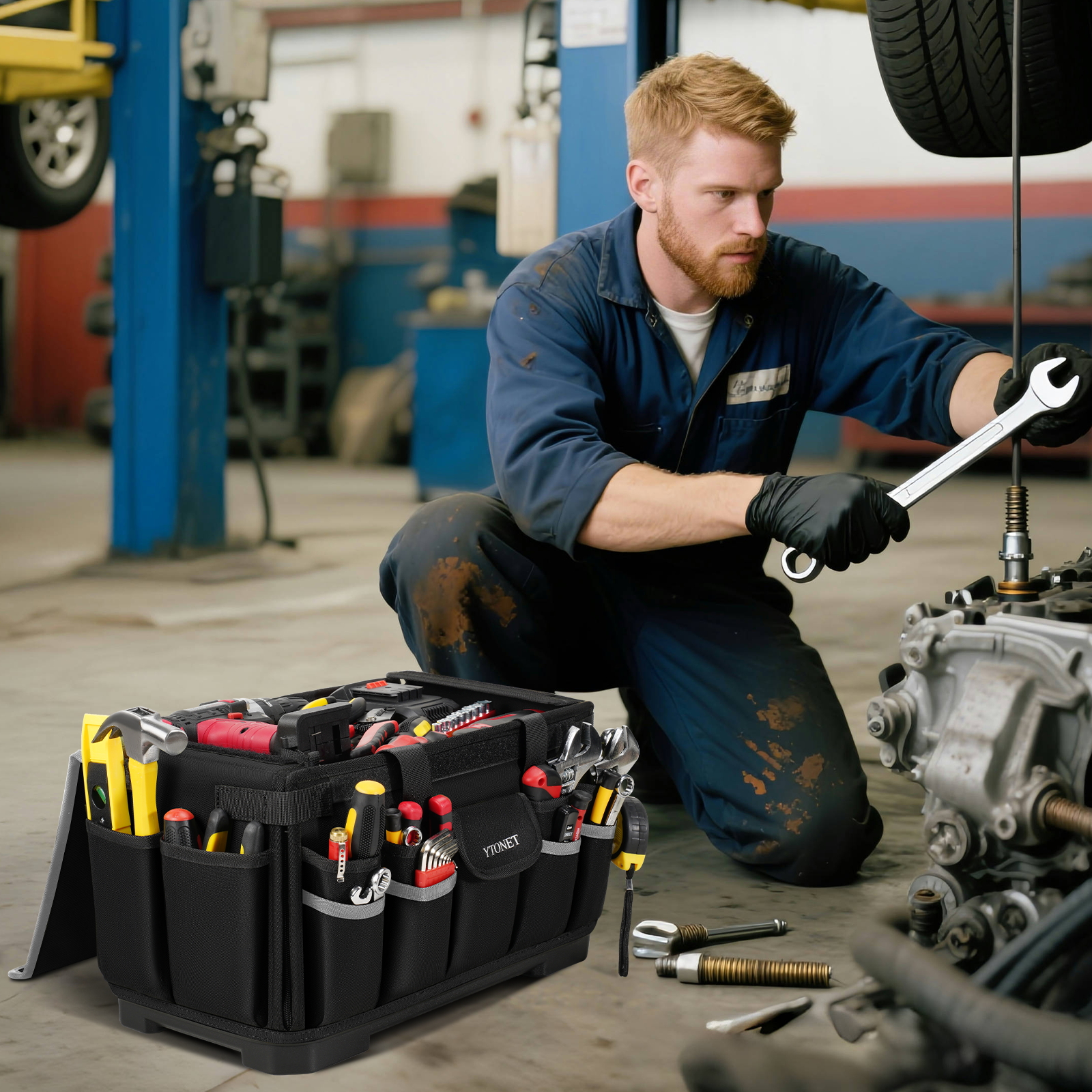 Heavy Duty Tool Bag 16-Inch, 46 Pockets Electrician Tool Bag for men with Hard Bottom & Waterproof Pocket, 1680D Tear-Proof Toolbox Organizer for HVAC Mechanic, Father Day Dad Gift Black - Image 4