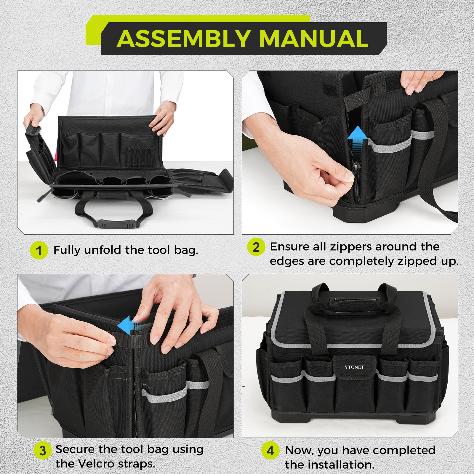 Heavy Duty Tool Bag 16-Inch, 46 Pockets Electrician Tool Bag for men with Hard Bottom & Waterproof Pocket, 1680D Tear-Proof Toolbox Organizer for HVAC Mechanic, Father Day Dad Gift Black - Image 3