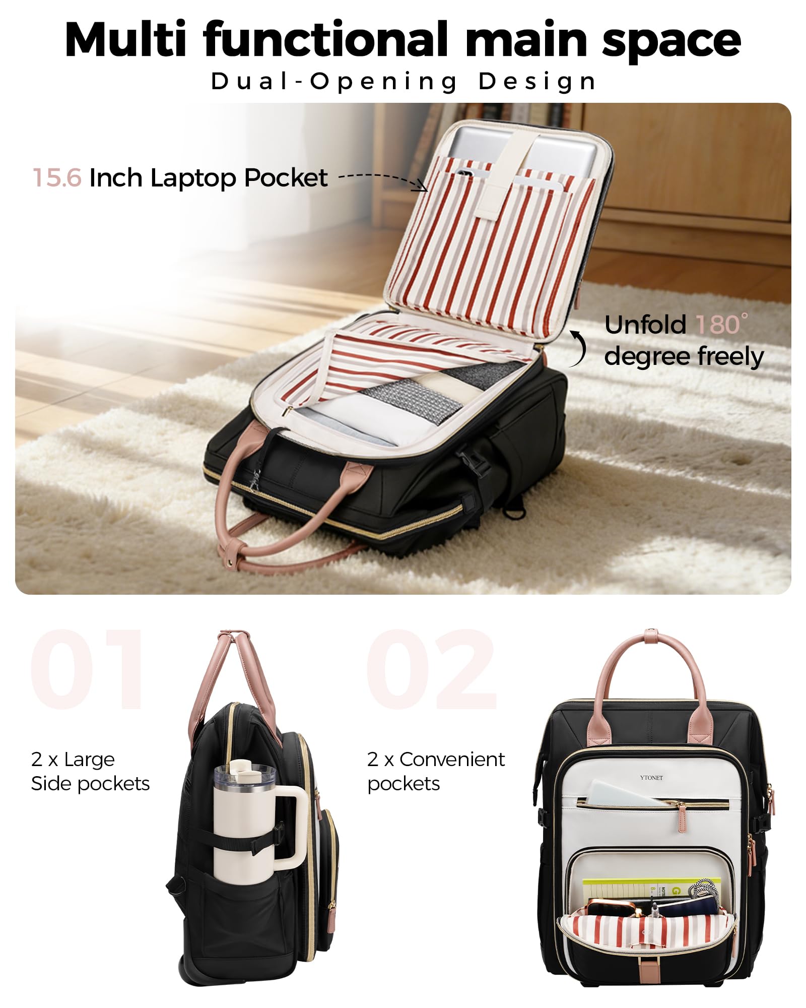 Click to see full view Ytonet Rolling Backpack for Women,15.6 Inch Travel Backpack with Wheels, Stylish Rolling Laptop Bag with Passport Holder, Dual-Opening Design, Underseat Carry on Luggage for Work College Teacher - Image 3