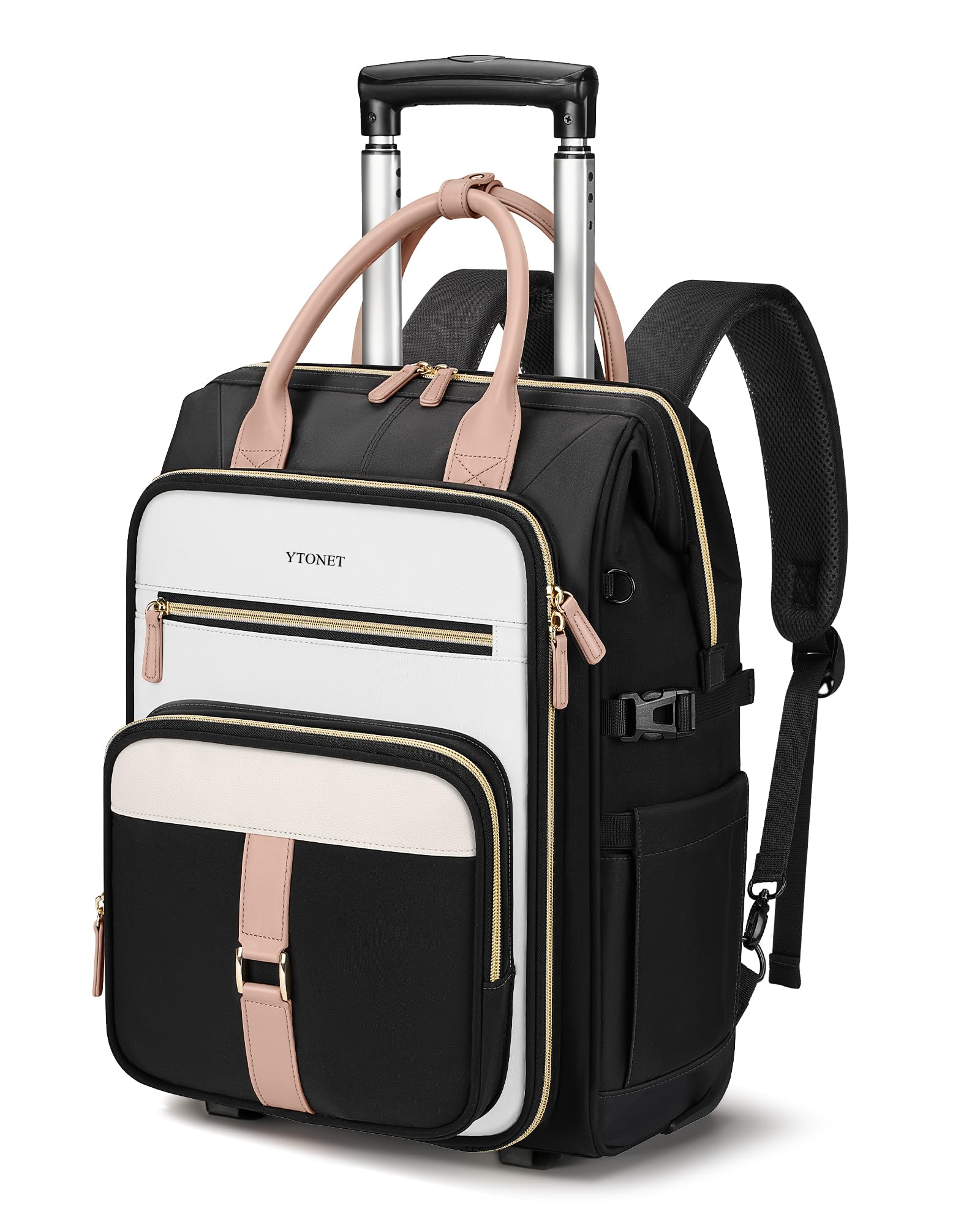 Click to see full view Ytonet Rolling Backpack for Women,15.6 Inch Travel Backpack with Wheels, Stylish Rolling Laptop Bag with Passport Holder, Dual-Opening Design, Underseat Carry on Luggage for Work College Teacher