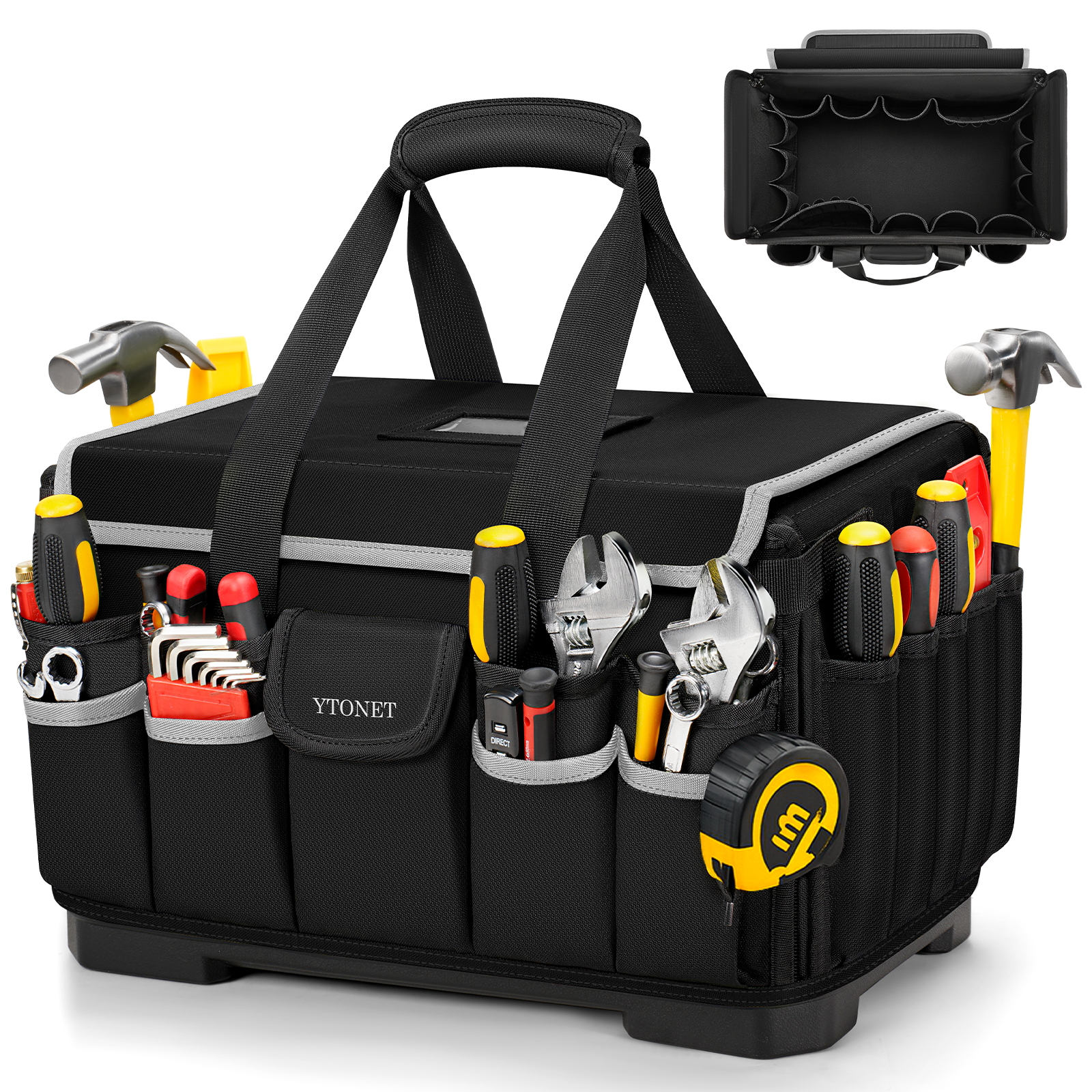 Heavy Duty Tool Bag 16-Inch, 46 Pockets Electrician Tool Bag for men with Hard Bottom & Waterproof Pocket, 1680D Tear-Proof Toolbox Organizer for HVAC Mechanic, Father Day Dad Gift Black