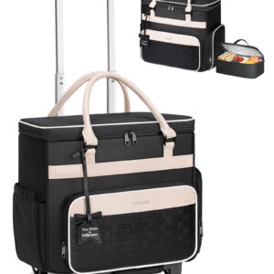 Ytonet Rolling Laptop Bag with Insulated Lunch Box, 15.6 In Rolling Briefcase for Women with Large Cup Holder, Detachable Trolley Roller Underseat Bags for Work, Office, Teacher, Travel, Black Beige