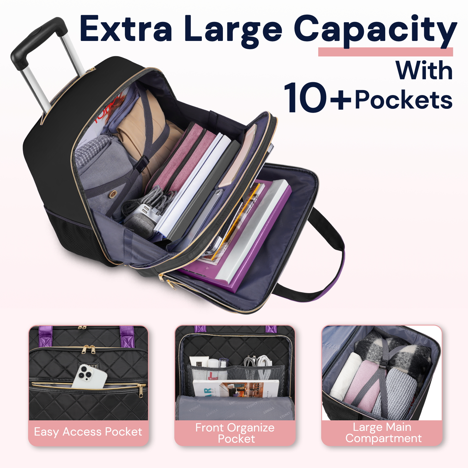 Ytonet Rolling Laptop Bag, 17.3 Inch Rolling Briefcase for Women, Water Resistant Computer Bag with Wheels for Work Travel College Business Overnight Wife Mom Teacher, Black Purple - Image 4