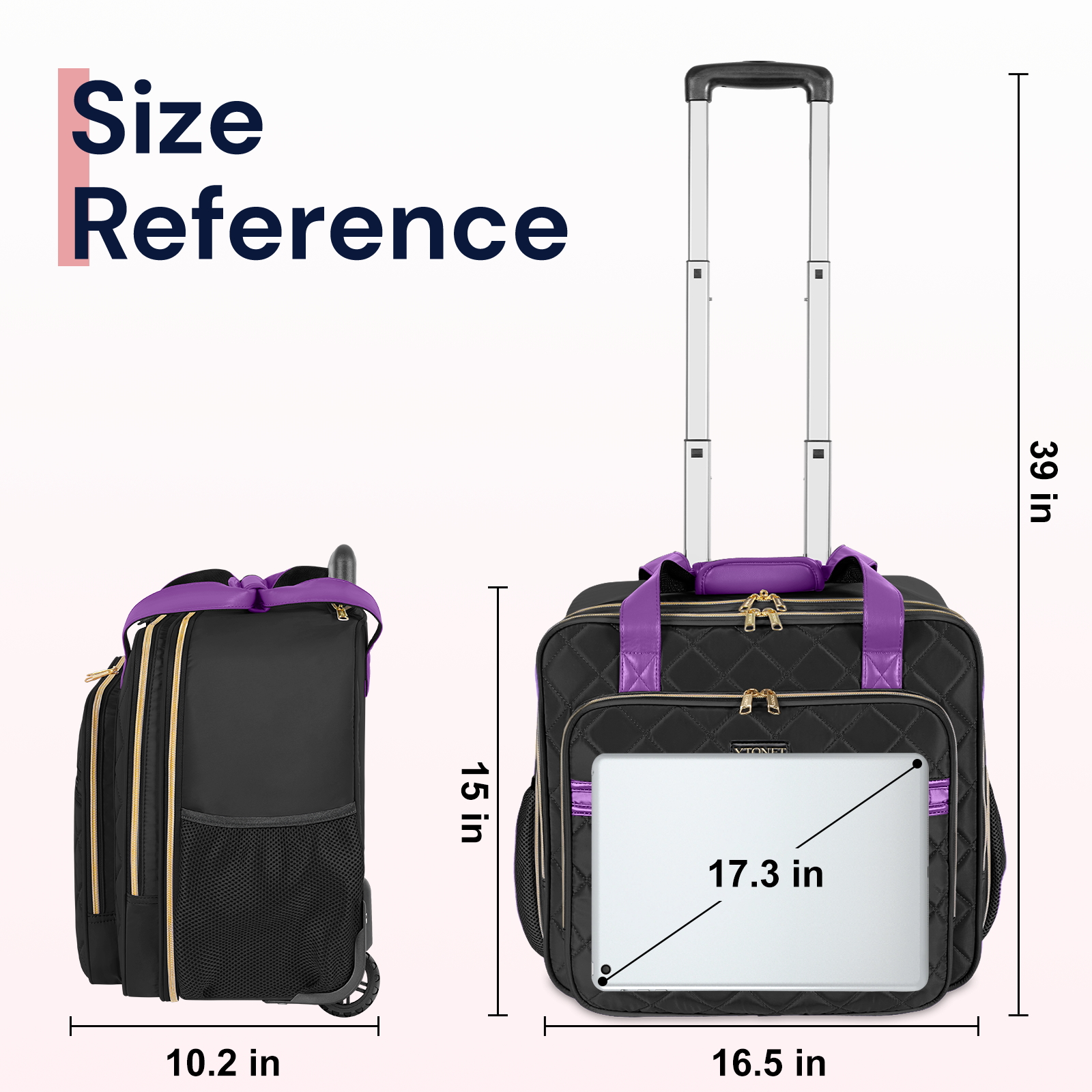 Ytonet Rolling Laptop Bag, 17.3 Inch Rolling Briefcase for Women, Water Resistant Computer Bag with Wheels for Work Travel College Business Overnight Wife Mom Teacher, Black Purple - Image 3