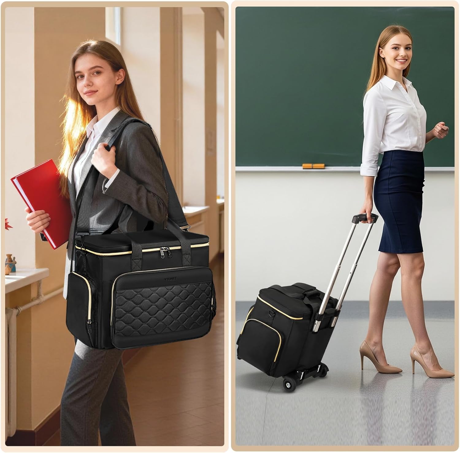 Ytonet Rolling Teacher Bag with Insulated Lunch Carrier, 15.6" Rolling Laptop Bag with Detachable Dolly, Underseat Travel Bag Roller Briefcase for Women Roller Tote Bags for Teacher Work Office Craft - Image 2