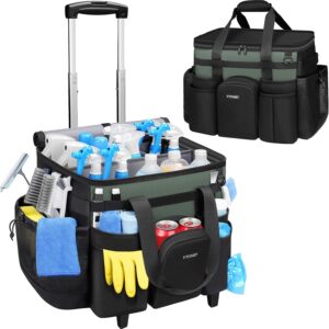 Ytonet XXL Cleaning Caddy with Wheels, Large Rolling Cleaning Caddy Bag with Detachable Trolley for Housekeepers, Water Resistant Cleaner Supplies Organizer with Wheels for Kitchen, Tool Organizer