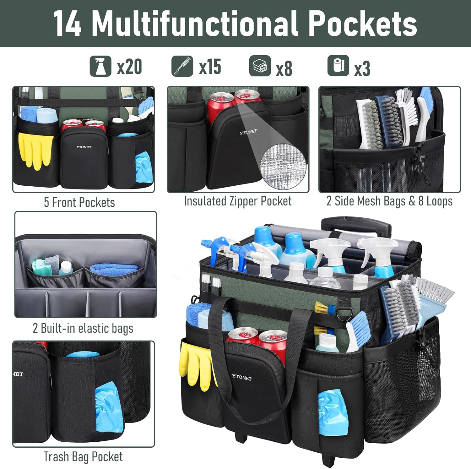 Ytonet XXL Cleaning Caddy with Wheels, Large Rolling Cleaning Caddy Bag with Detachable Trolley for Housekeepers, Water Resistant Cleaner Supplies Organizer with Wheels for Kitchen, Tool Organizer - Image 9
