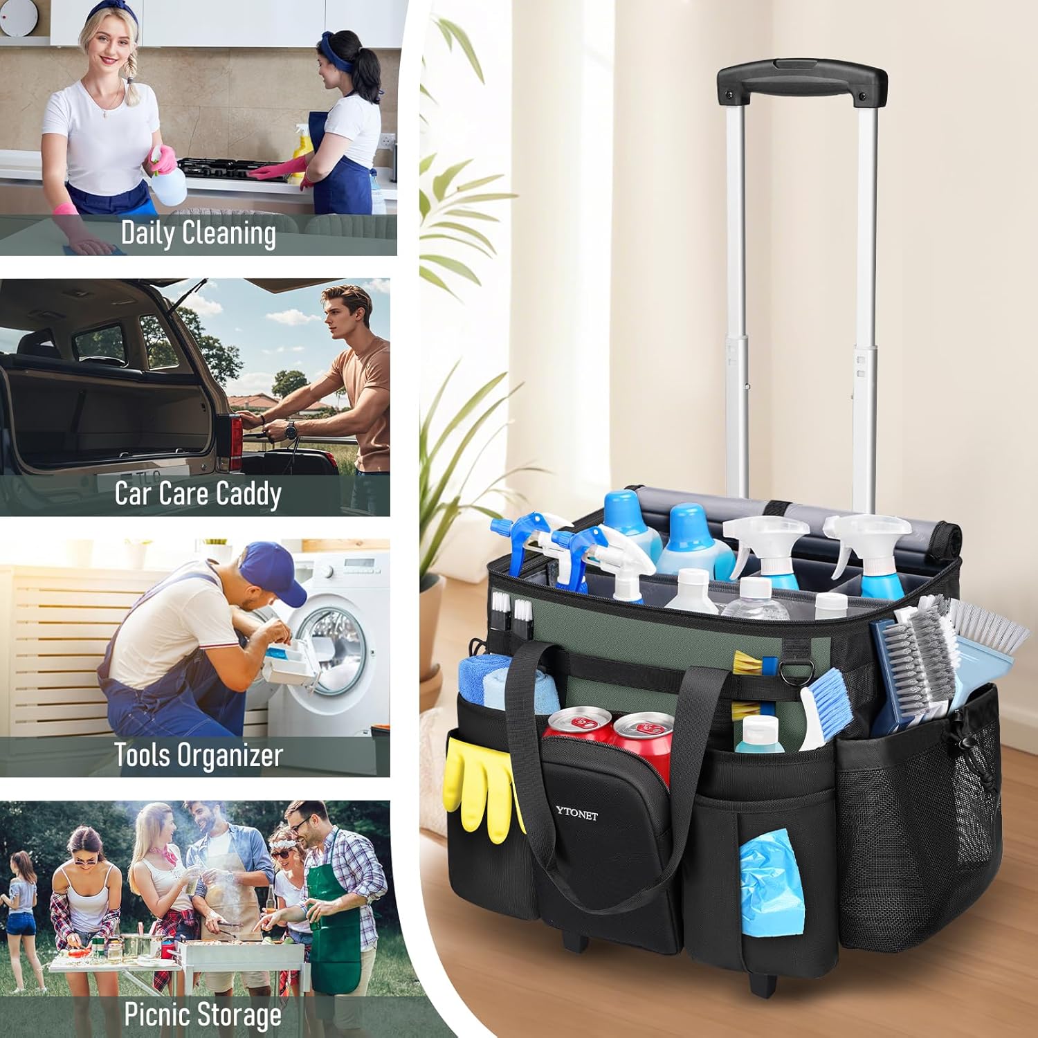 Ytonet XXL Cleaning Caddy with Wheels, Large Rolling Cleaning Caddy Bag with Detachable Trolley for Housekeepers, Water Resistant Cleaner Supplies Organizer with Wheels for Kitchen, Tool Organizer - Image 8