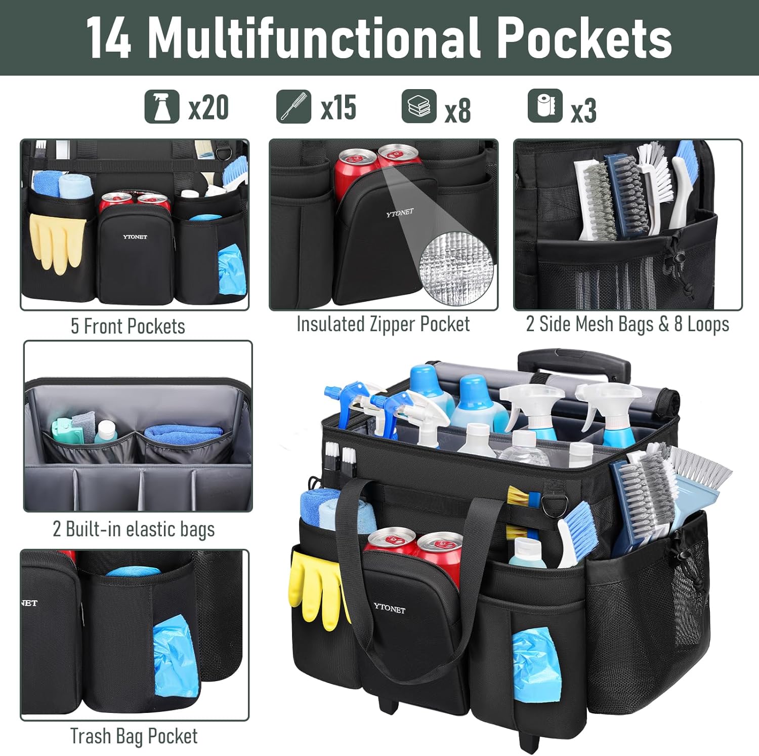 Ytonet XXL Cleaning Caddy with Wheels, Large Rolling Cleaning Caddy Bag with Detachable Trolley for Housekeepers, Water Resistant Cleaner Supplies Organizer with Wheels for Kitchen, Tool Organizer - Image 3