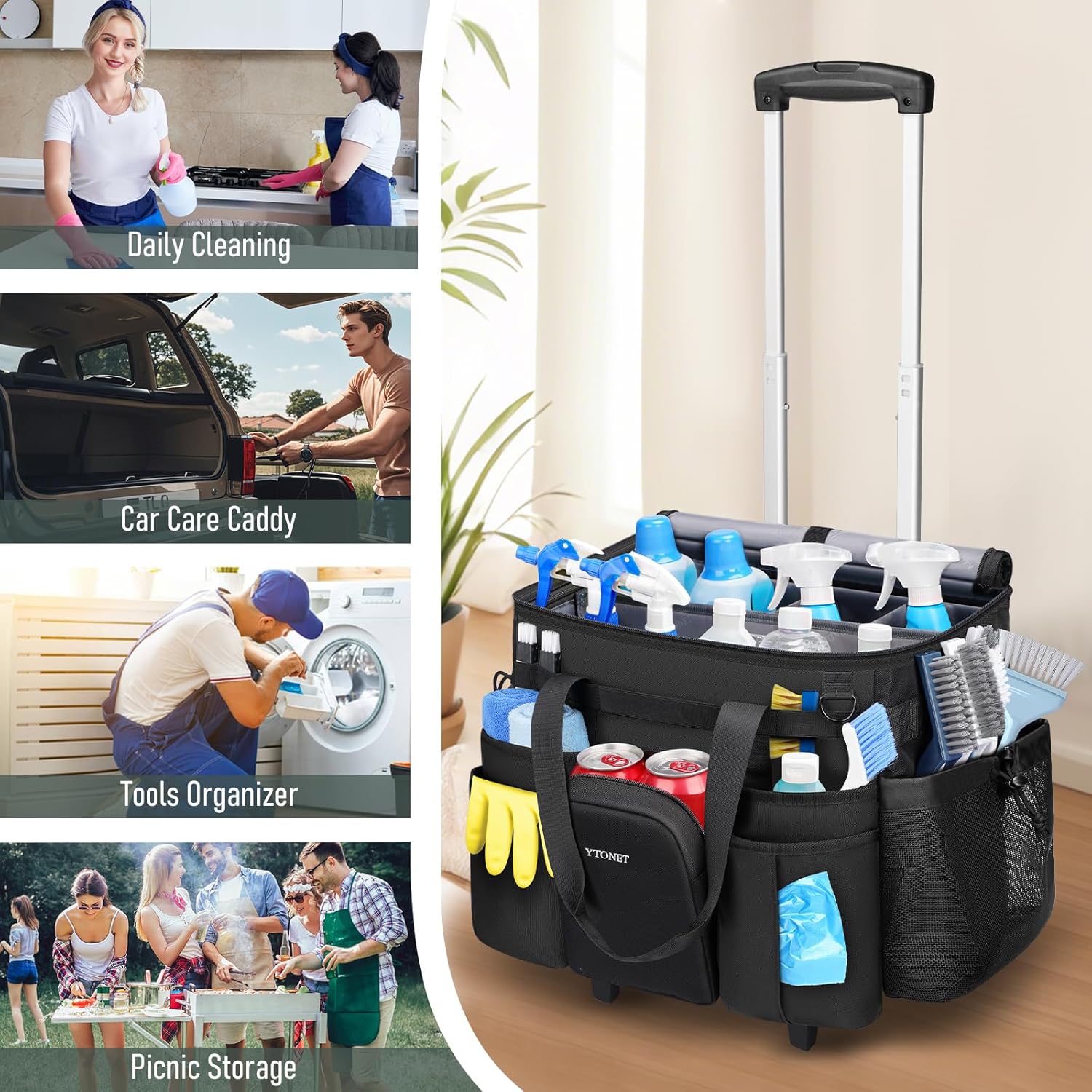 Ytonet XXL Cleaning Caddy with Wheels, Large Rolling Cleaning Caddy Bag with Detachable Trolley for Housekeepers, Water Resistant Cleaner Supplies Organizer with Wheels for Kitchen, Tool Organizer - Image 2