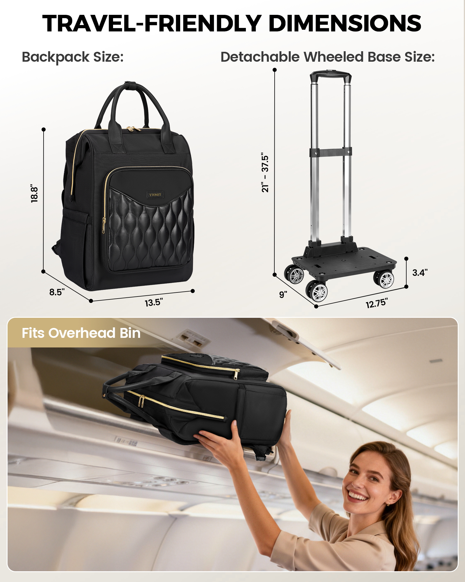 Ytonet Rolling Backpack for Women, 15.6 In Rolling Travel Backpack with 4 Spinner Wheels, Carry On Rolling Laptop Bag with Detachable Trolley, Stylish Wheeled Backpack for College Business Work, Black - Image 6