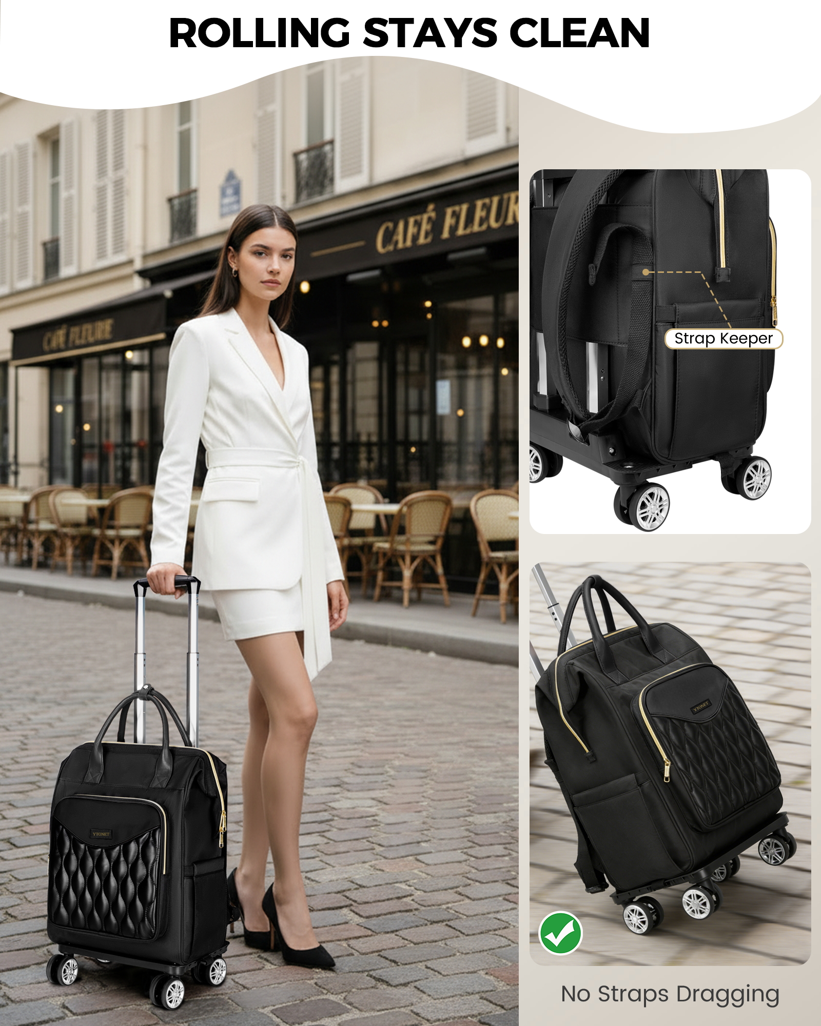 Ytonet Rolling Backpack for Women, 15.6 In Rolling Travel Backpack with 4 Spinner Wheels, Carry On Rolling Laptop Bag with Detachable Trolley, Stylish Wheeled Backpack for College Business Work, Black - Image 8