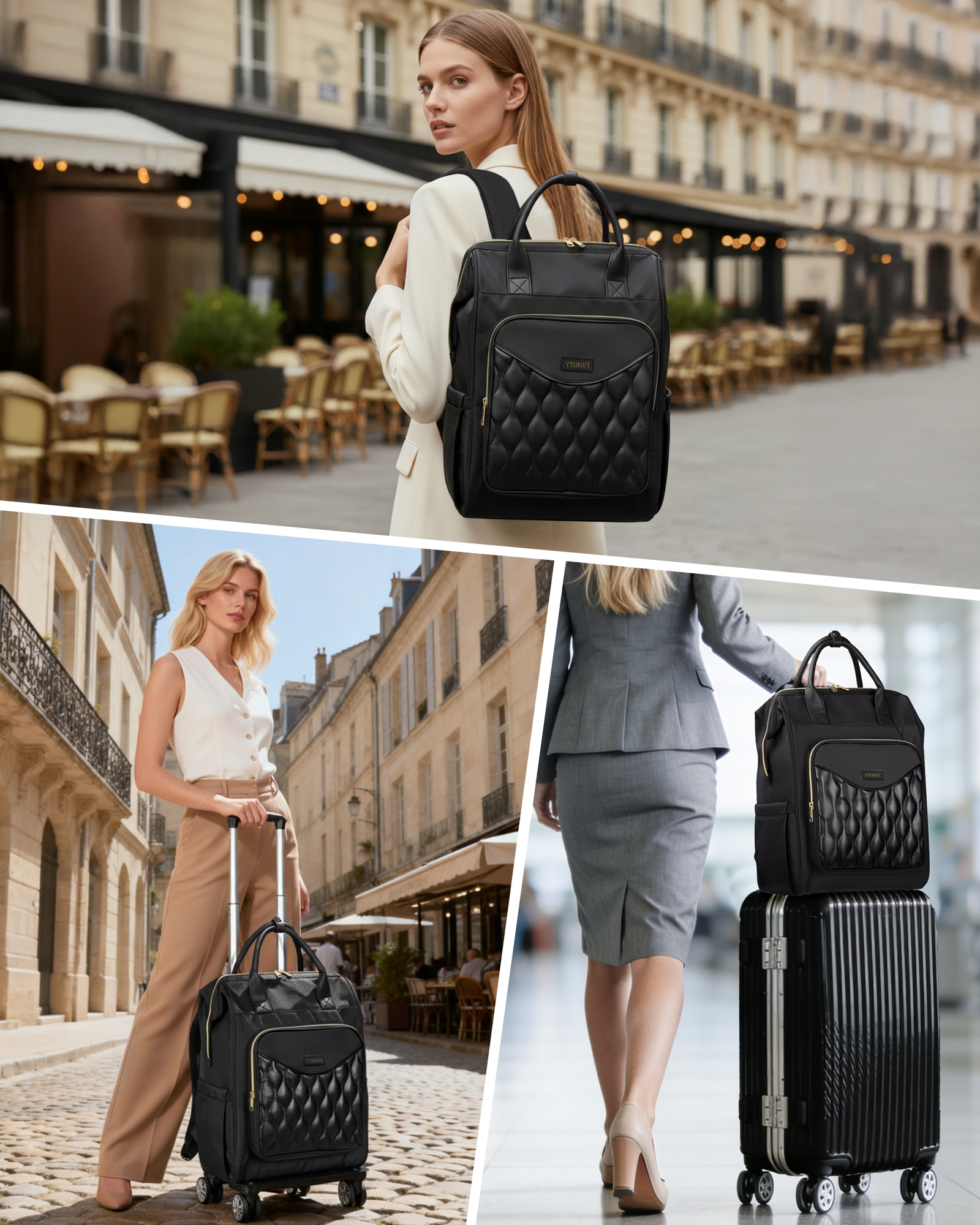 Ytonet Rolling Backpack for Women, 15.6 In Rolling Travel Backpack with 4 Spinner Wheels, Carry On Rolling Laptop Bag with Detachable Trolley, Stylish Wheeled Backpack for College Business Work, Black - Image 2