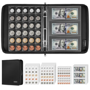 Ytoent Coin Collection Book Album Holder for Collectors, 494 Pockets Fireproof Collection Sleeves & 24 Currency Organizer Binder Storage Case, Collector's Gift Holder Bill, Penny, Badges, Black