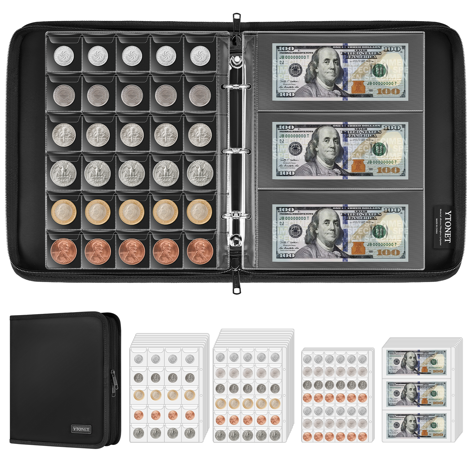 Ytoent Coin Collection Book Album Holder for Collectors, 494 Pockets Fireproof Collection Sleeves & 24 Currency Organizer Binder Storage Case, Collector's Gift Holder Bill, Penny, Badges, Black