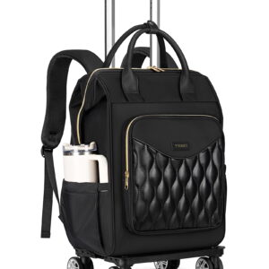 Ytonet Rolling Backpack for Women, 15.6 In Rolling Travel Backpack with 4 Spinner Wheels, Carry On Rolling Laptop Bag with Detachable Trolley, Stylish Wheeled Backpack for College Business Work, Black