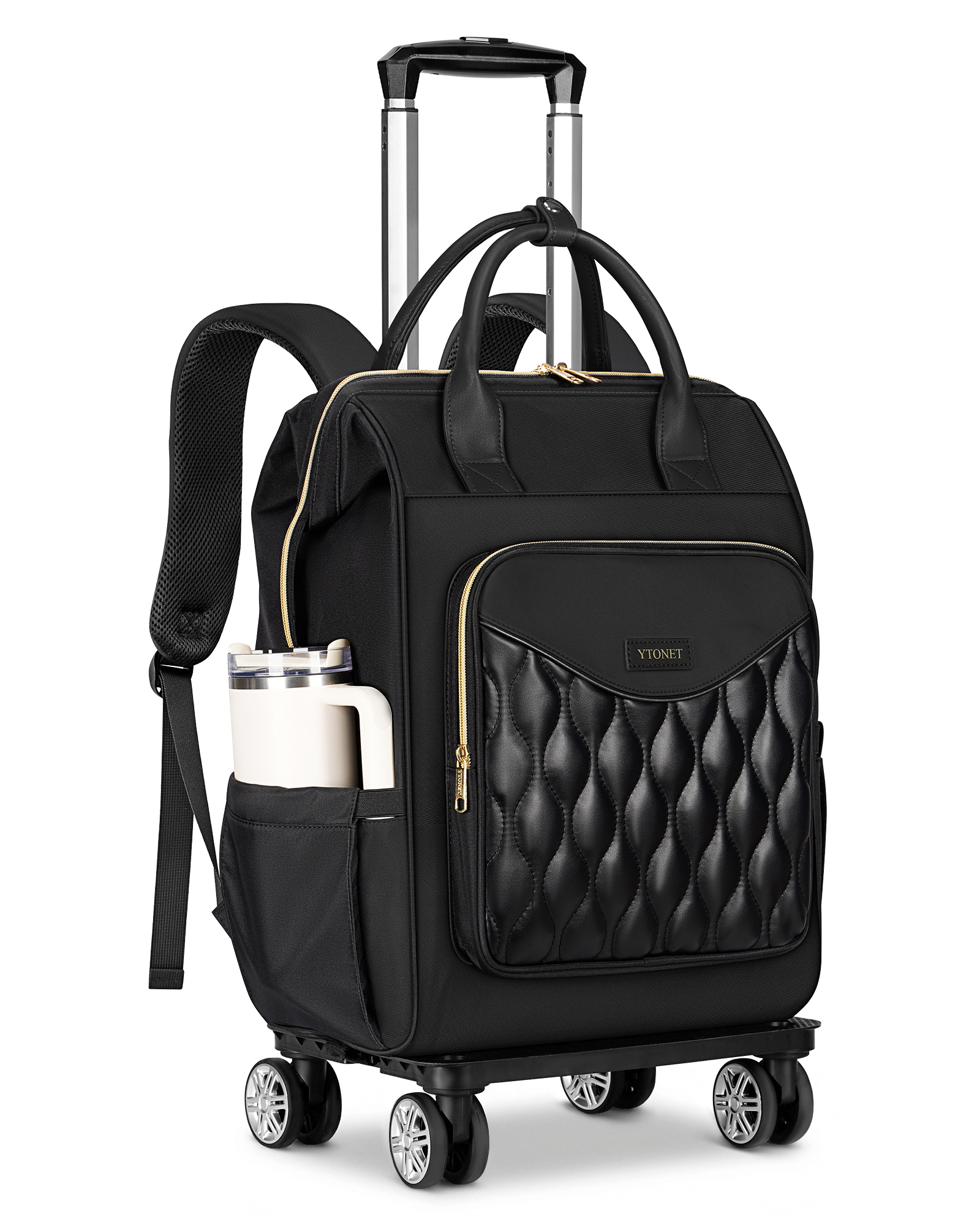 Ytonet Rolling Backpack for Women, 15.6 In Rolling Travel Backpack with 4 Spinner Wheels, Carry On Rolling Laptop Bag with Detachable Trolley, Stylish Wheeled Backpack for College Business Work, Black