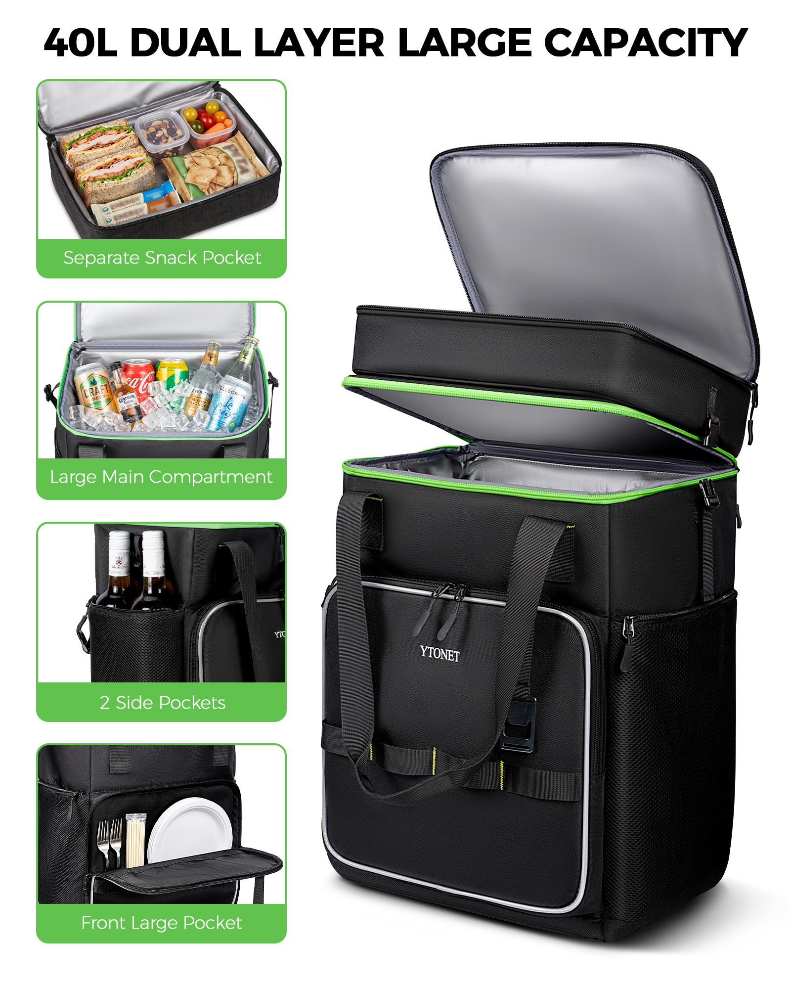 Ytonet 2-in-1 Rolling Cooler with Wheels, 55 Cans/40L Large Insulated Cooler on Wheels with Detachable Top Bag, Leakproof Soft Sided Cooler Bag for Beach, Picnic, Camping, Travel and Grocery,Black - Image 3