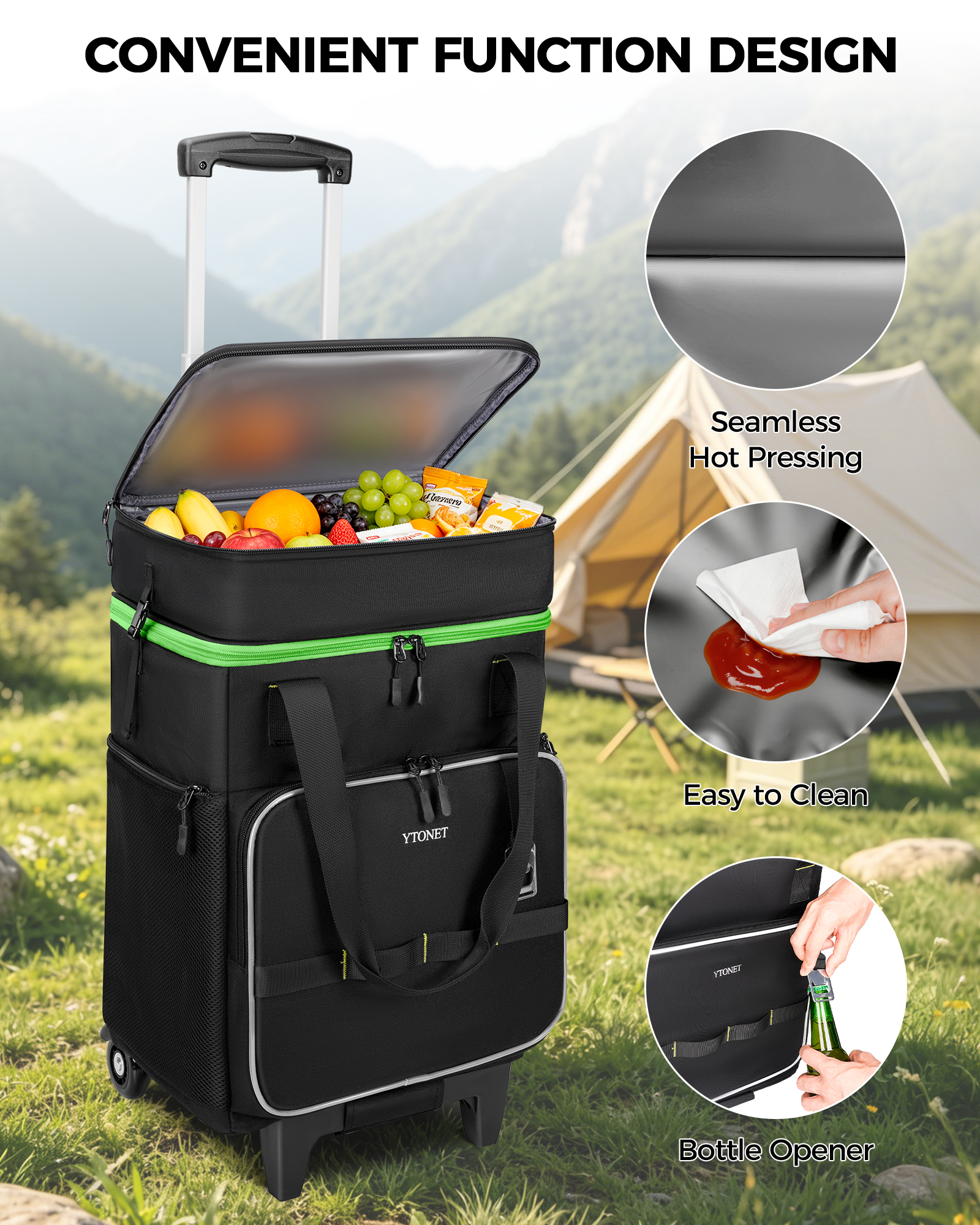 Ytonet 2-in-1 Rolling Cooler with Wheels, 55 Cans/40L Large Insulated Cooler on Wheels with Detachable Top Bag, Leakproof Soft Sided Cooler Bag for Beach, Picnic, Camping, Travel and Grocery,Black - Image 5