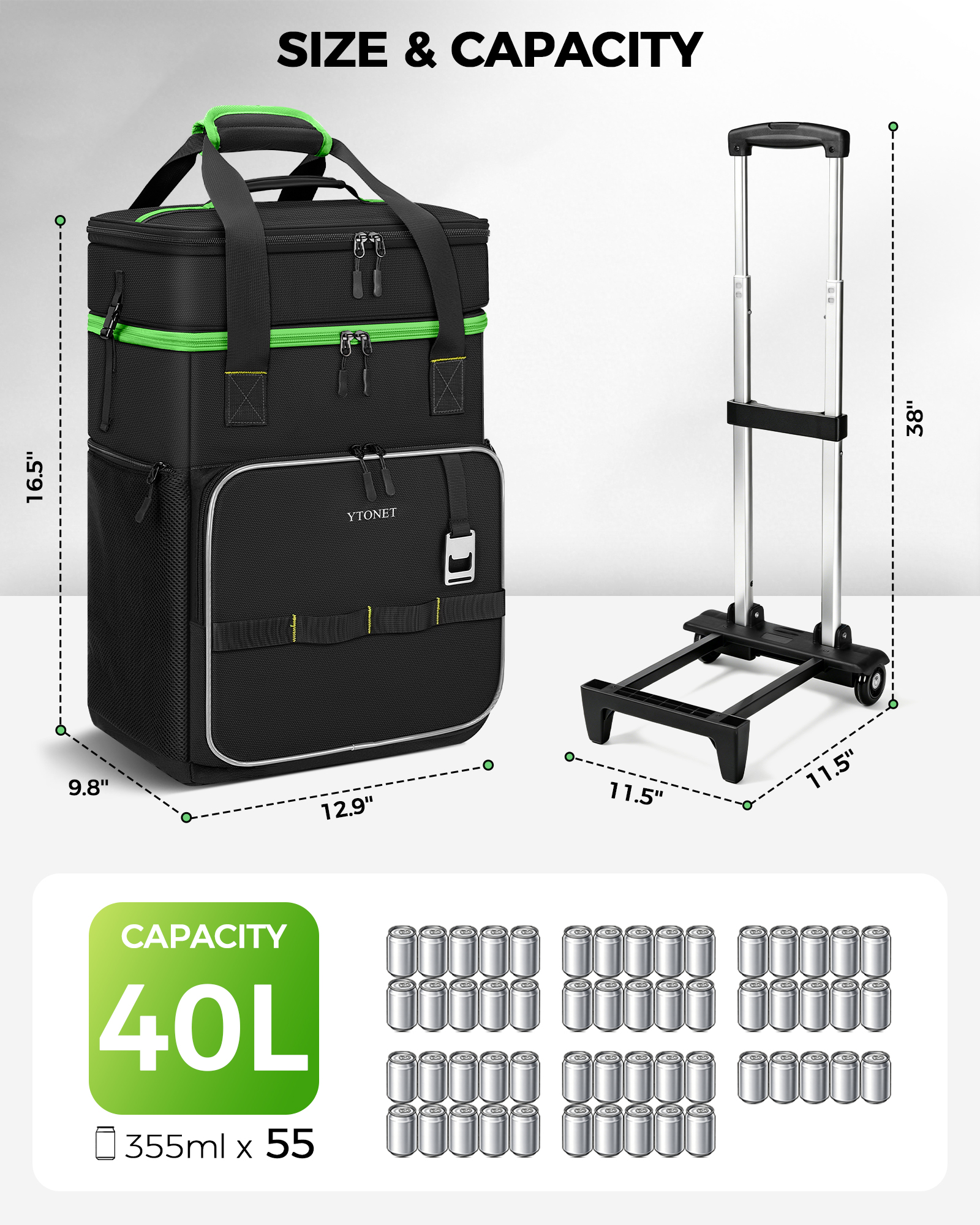 Ytonet 2-in-1 Rolling Cooler with Wheels, 55 Cans/40L Large Insulated Cooler on Wheels with Detachable Top Bag, Leakproof Soft Sided Cooler Bag for Beach, Picnic, Camping, Travel and Grocery,Black - Image 6