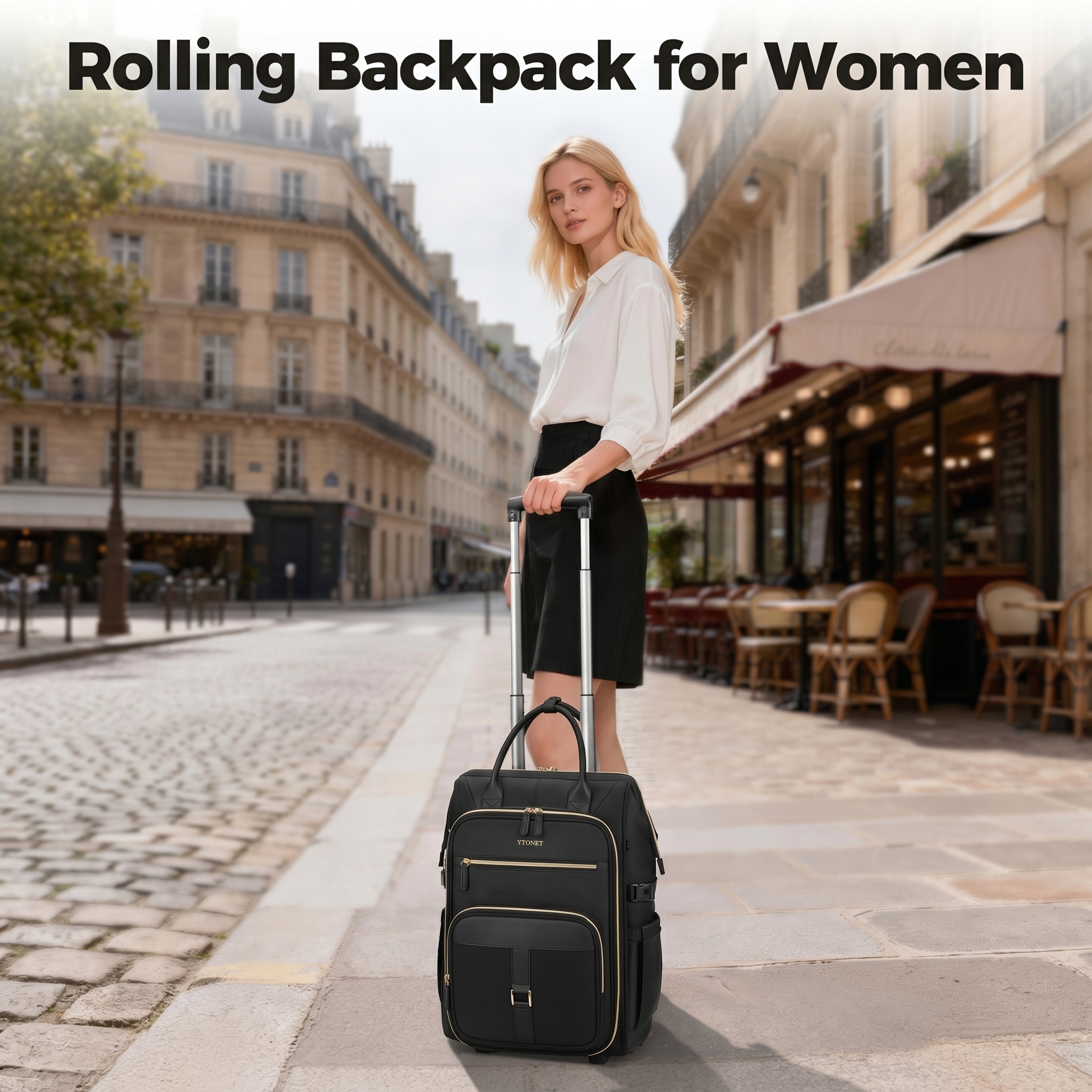Ytonet Rolling Backpack for Women, 15.6 Inch Travel Backpack with Wheels, Stylish Rolling Laptop Bag with Passport Holder, Dual-Opening Design, Underseat Carry on Luggage for Work Teacher,Black - Image 2