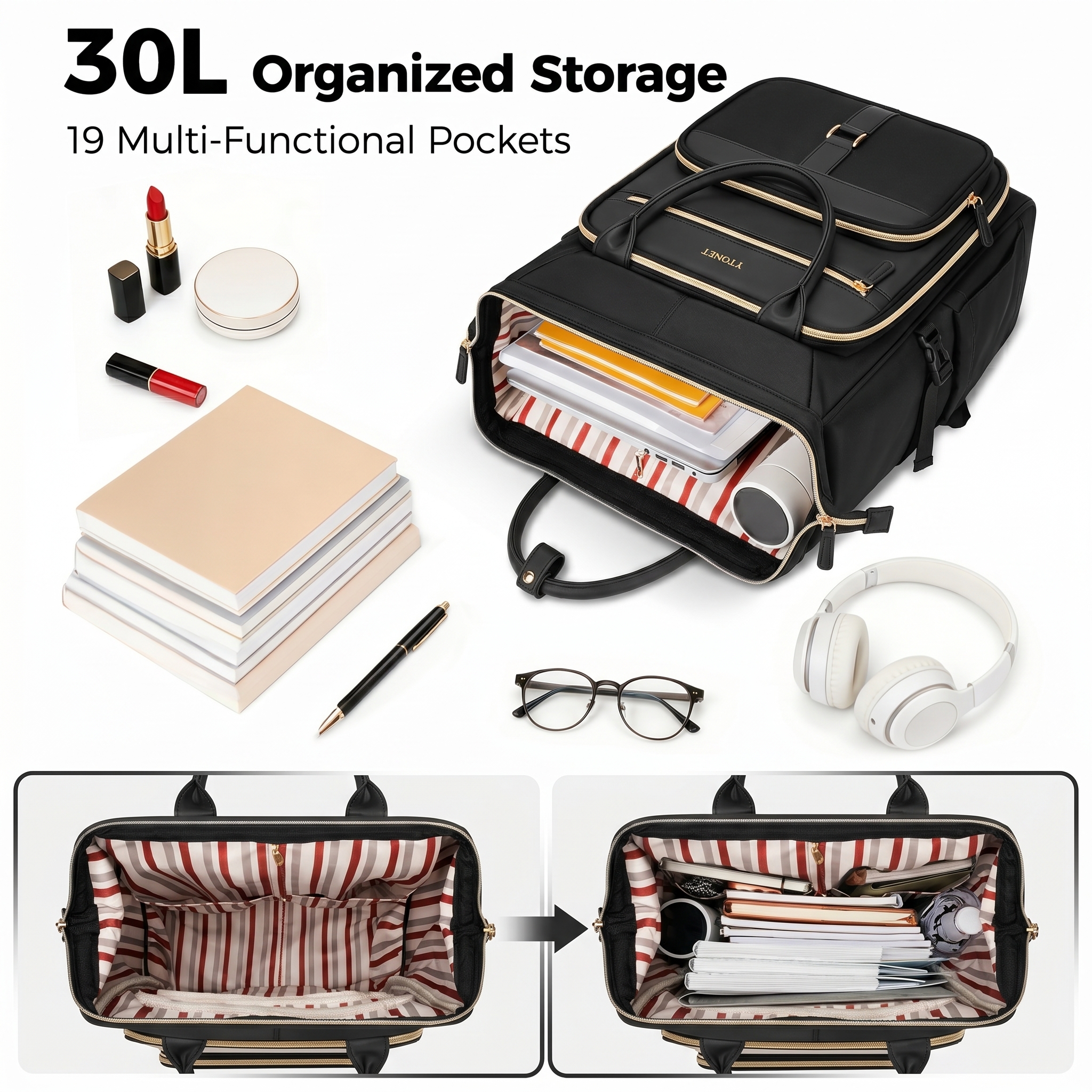 Ytonet Rolling Backpack for Women, 15.6 Inch Travel Backpack with Wheels, Stylish Rolling Laptop Bag with Passport Holder, Dual-Opening Design, Underseat Carry on Luggage for Work Teacher,Black - Image 3