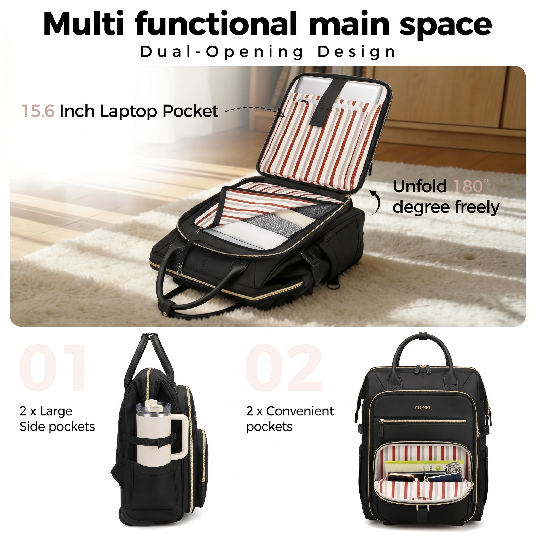 Ytonet Rolling Backpack for Women, 15.6 Inch Travel Backpack with Wheels, Stylish Rolling Laptop Bag with Passport Holder, Dual-Opening Design, Underseat Carry on Luggage for Work Teacher,Black - Image 4