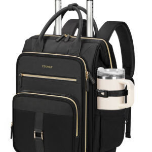 Ytonet Rolling Backpack for Women, 15.6 Inch Travel Backpack with Wheels, Stylish Rolling Laptop Bag with Passport Holder, Dual-Opening Design, Underseat Carry on Luggage for Work Teacher,Black