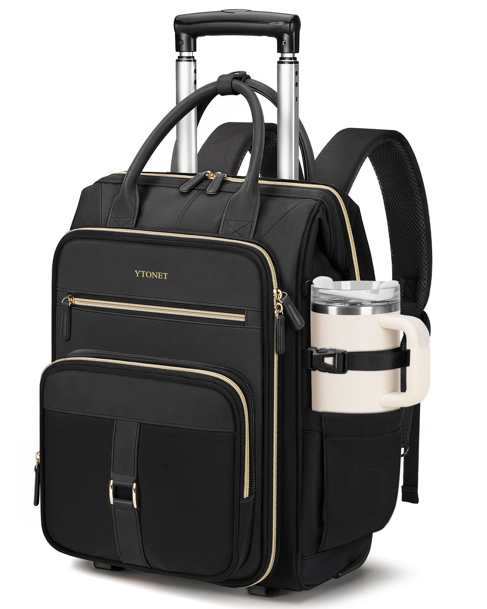 Ytonet Rolling Backpack for Women, 15.6 Inch Travel Backpack with Wheels, Stylish Rolling Laptop Bag with Passport Holder, Dual-Opening Design, Underseat Carry on Luggage for Work Teacher,Black