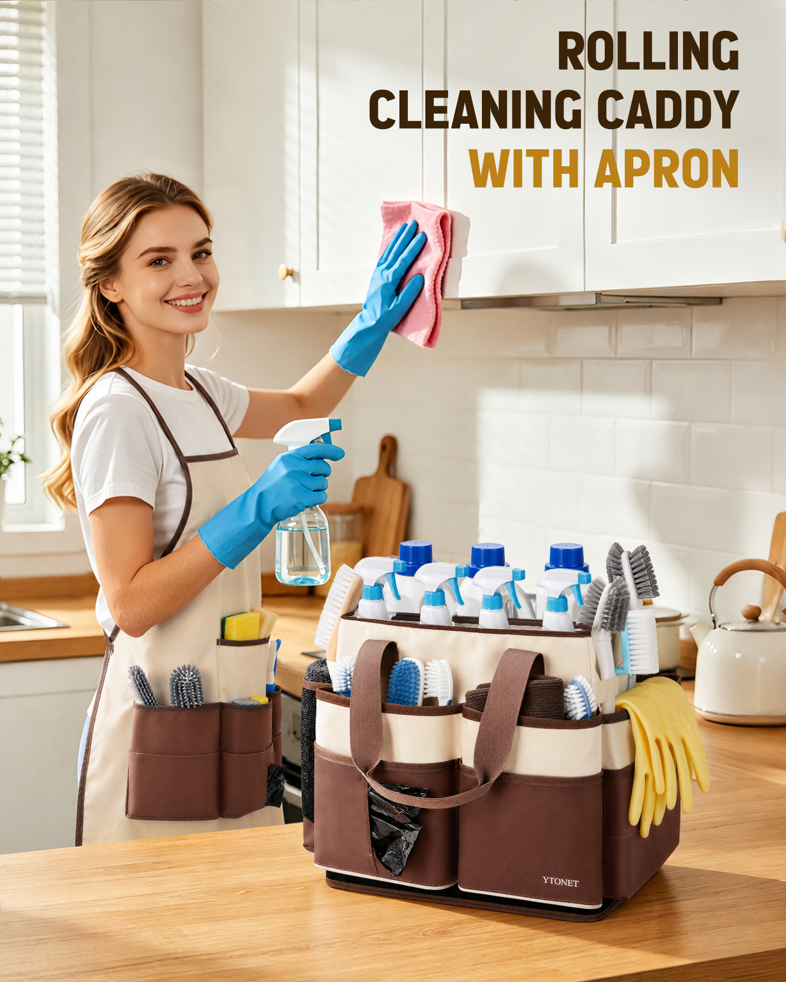Ytonet Large Cleaning Caddy with 4 Spinner Wheels, Wearable Rolling Cleaning Caddy Bag with Cleaning Apron, Detachable Trolley Portable Cleaning Supplies Organizer Cart for Housekeepers, Car, Tool - Image 2