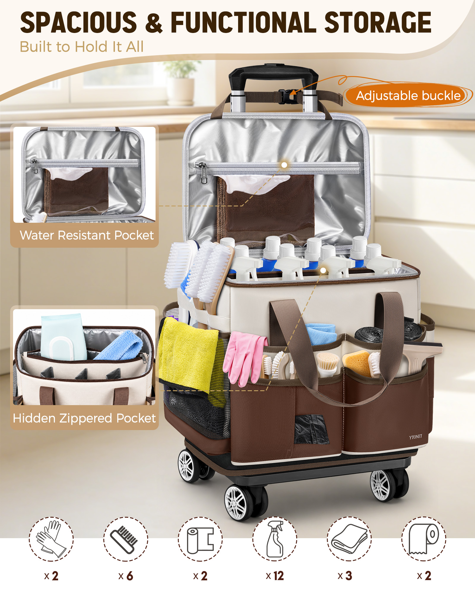 Ytonet Large Cleaning Caddy with 4 Spinner Wheels, Wearable Rolling Cleaning Caddy Bag with Cleaning Apron, Detachable Trolley Portable Cleaning Supplies Organizer Cart for Housekeepers, Car, Tool - Image 3