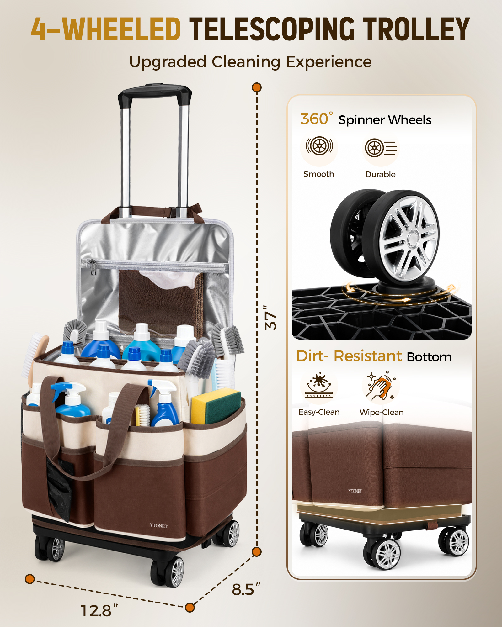 Ytonet Large Cleaning Caddy with 4 Spinner Wheels, Wearable Rolling Cleaning Caddy Bag with Cleaning Apron, Detachable Trolley Portable Cleaning Supplies Organizer Cart for Housekeepers, Car, Tool - Image 5