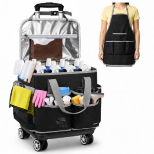 Ytonet Wearable Rolling Cleaning Caddy Bag with Cleaning Apron, Large Cleaning Caddy with 4 Spinner Wheels, Detachable Trolley Portable Cleaning Supplies Organizer Cart for Housekeepers, Utility Bag