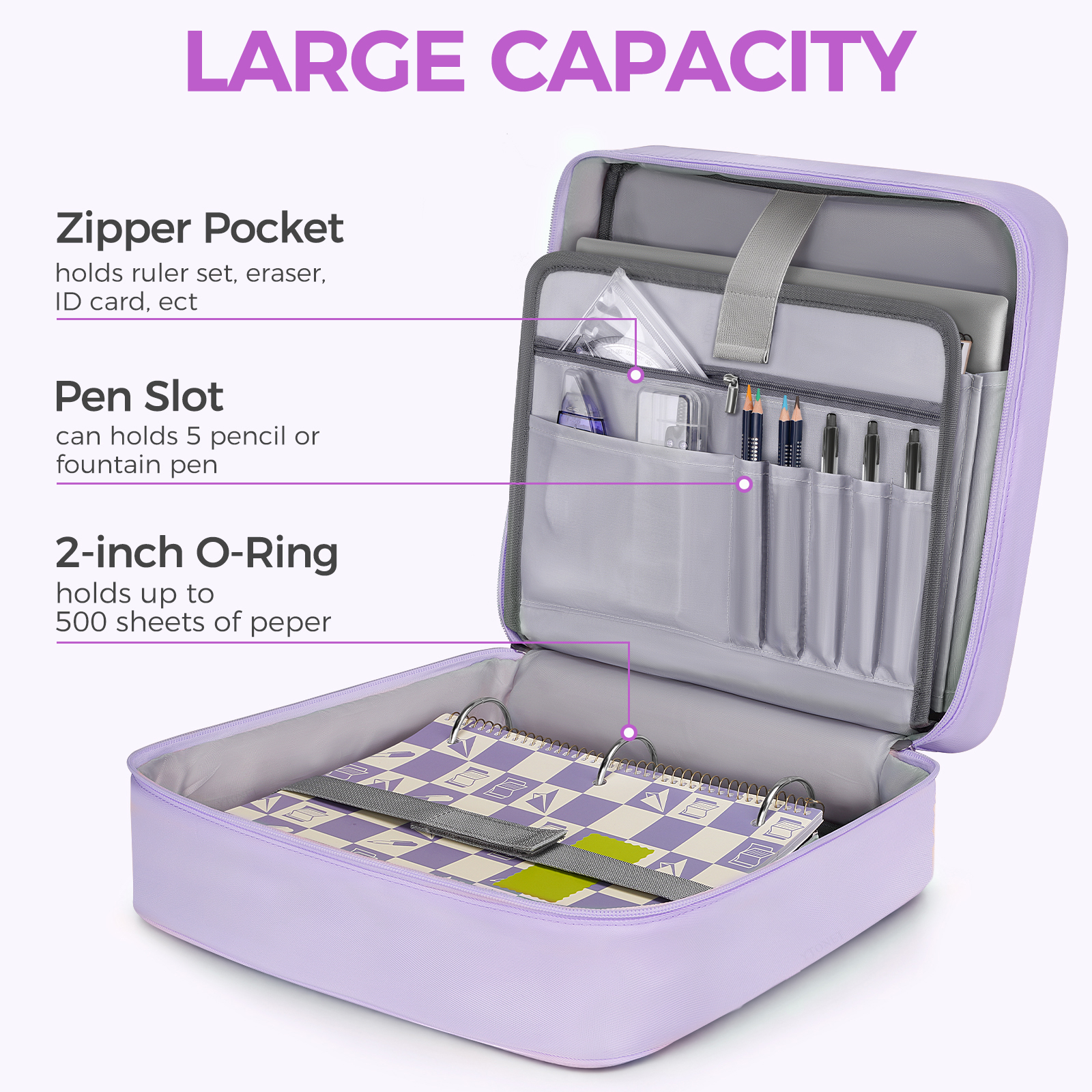 Ytonet Zipper Binder Bag, 2 Inch 3 Ring Binder with Zipper Fit 14 Inch Laptop, 500 Sheets Capacity Zippered Binders with Shoulder Strap & Removable O-Ring Pad for College, Office, Work, Purple - Image 3