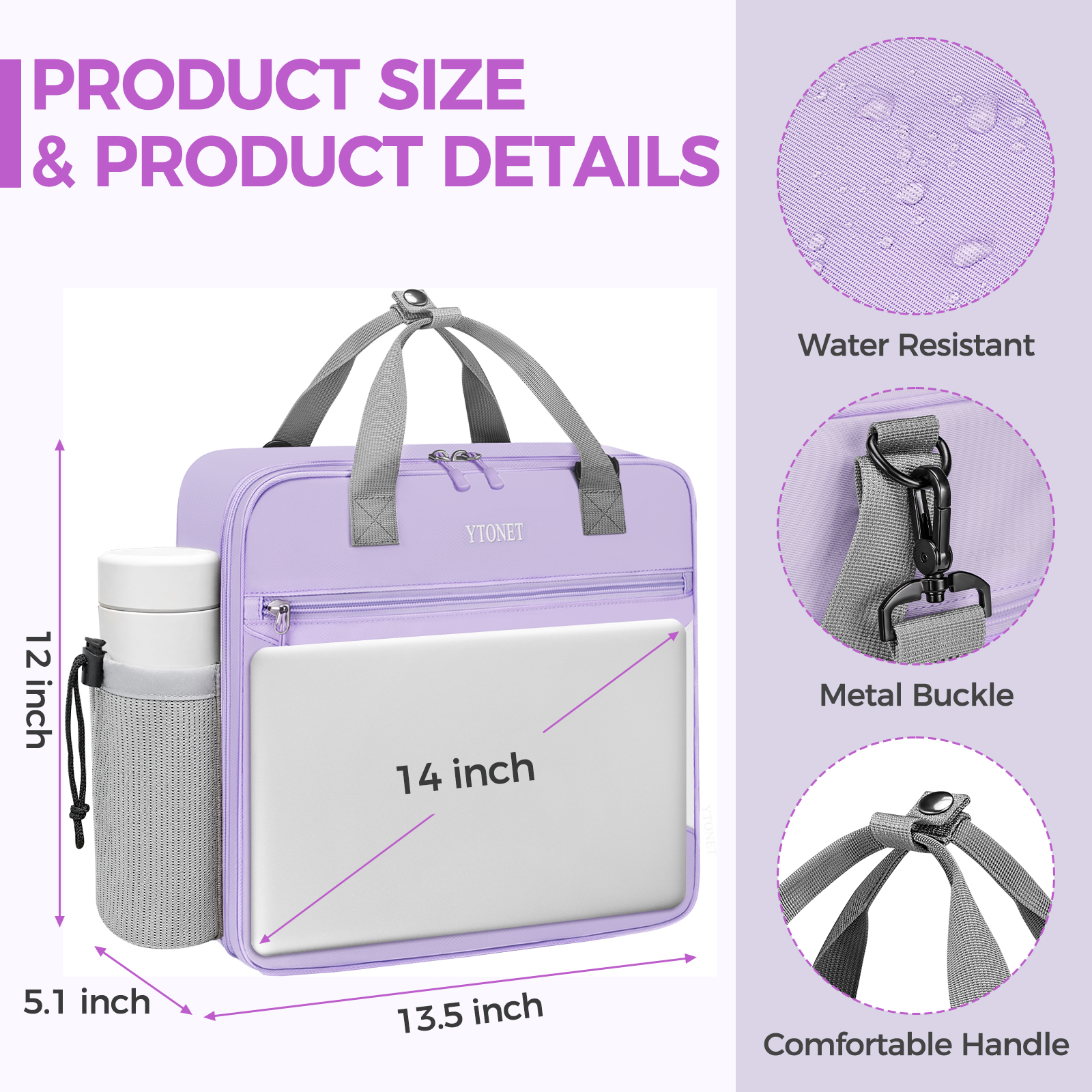 Ytonet Zipper Binder Bag, 2 Inch 3 Ring Binder with Zipper Fit 14 Inch Laptop, 500 Sheets Capacity Zippered Binders with Shoulder Strap & Removable O-Ring Pad for College, Office, Work, Purple - Image 5